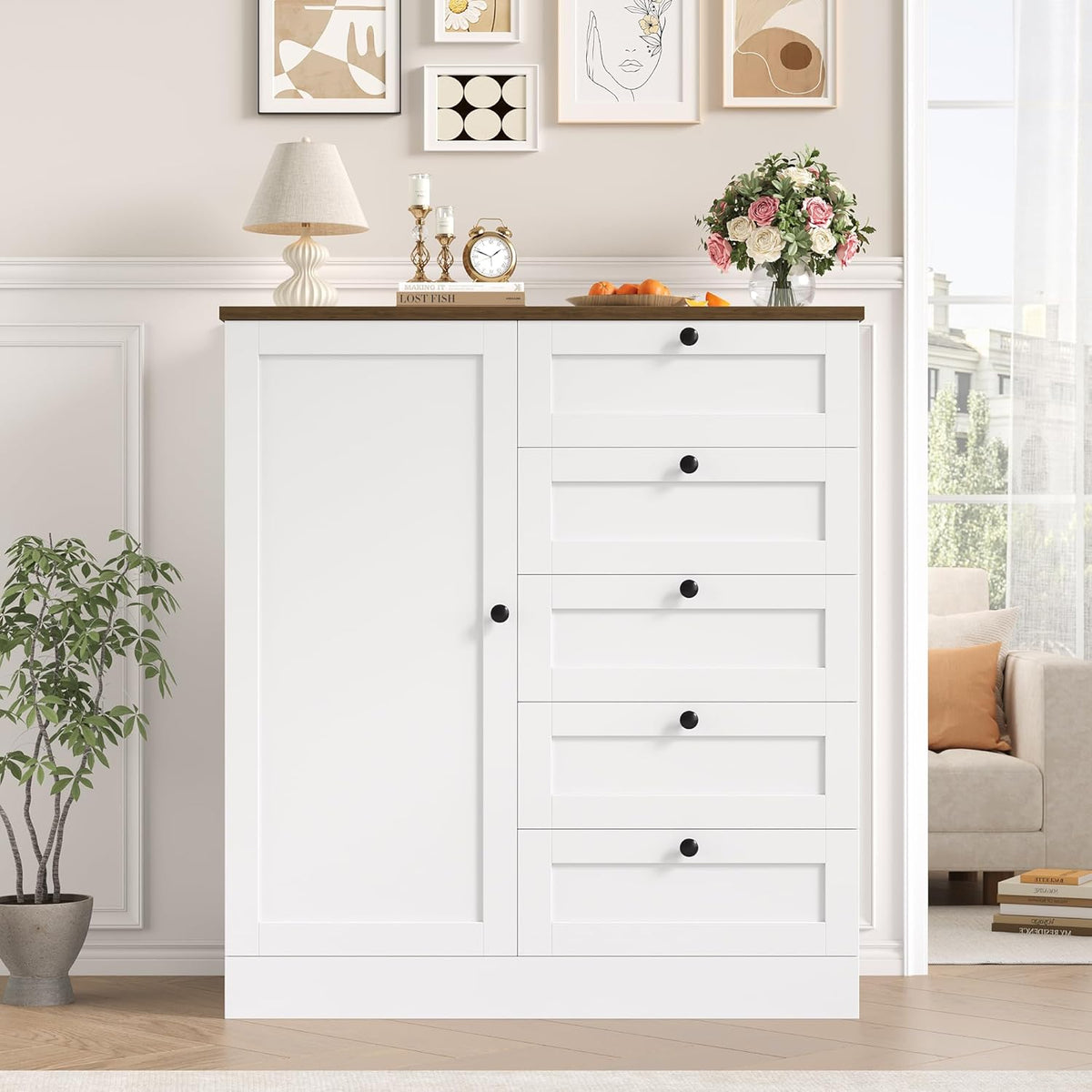 HOCSOK Sideboard, Kitchen Cabinet, Chest of Drawers, White Buffet Cabinet with 1 Door and 5 Drawers, for Kitchen, Living Room, Dining Room, 85.5 x 40 x 97 cm