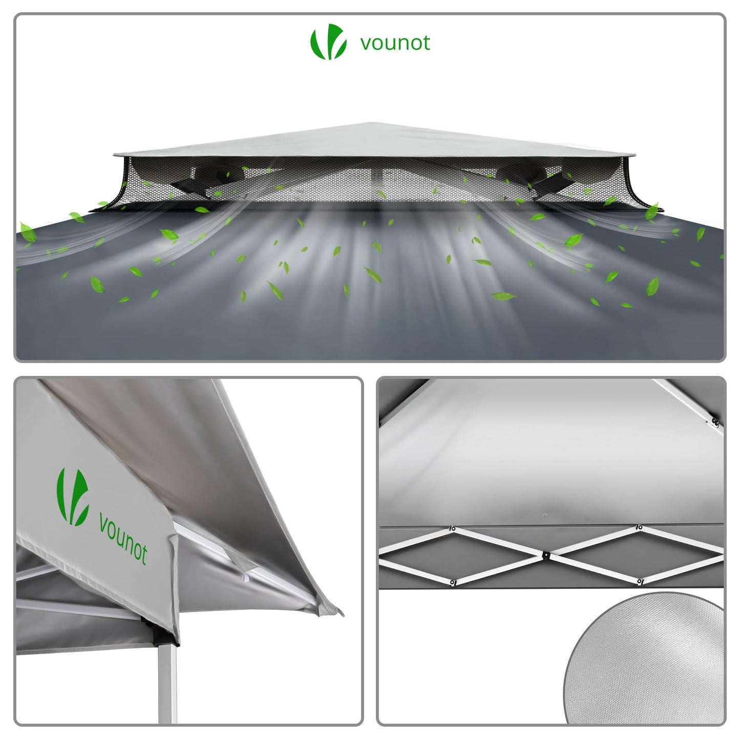 VOUNOT Pavillon Faltbar 3,6x3,6m, Pop Up Partyzelt mit Mesh Sides & Doppeldach, Faltpavillon Stabil mit Bein Gewichte & Roller Bag, Gartenpavillon Gartenzelt Grau