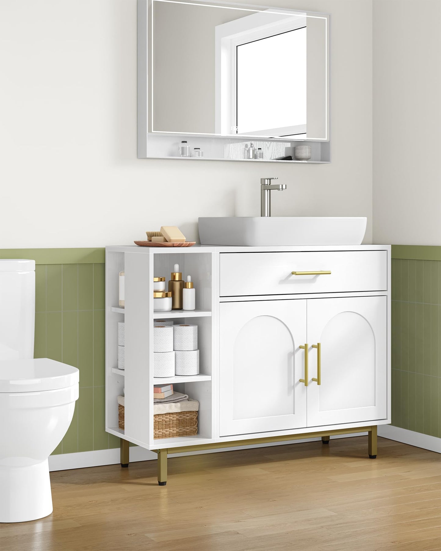 Hzuaneri BC28813G Bathroom Cabinet 1 Drawer 2 Cabinet Doors Open Compartment with 3 Levels Adjustable Shelf White 30 x 80 x 64 cm