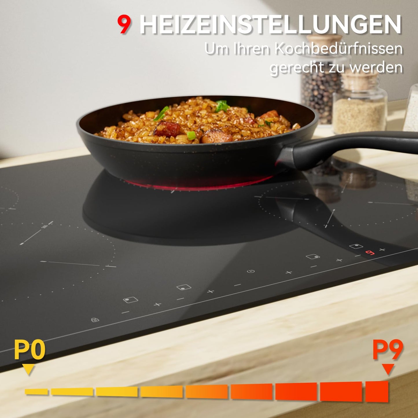 Hermitlux kochfeld 28,8cm, Glaskeramik Kochfeld 2 Platten, 9 Leistungsstufen, Touch-Steuerung, Timer, Kindersicherung, Geeignet für Alle Töpfe, 3300W