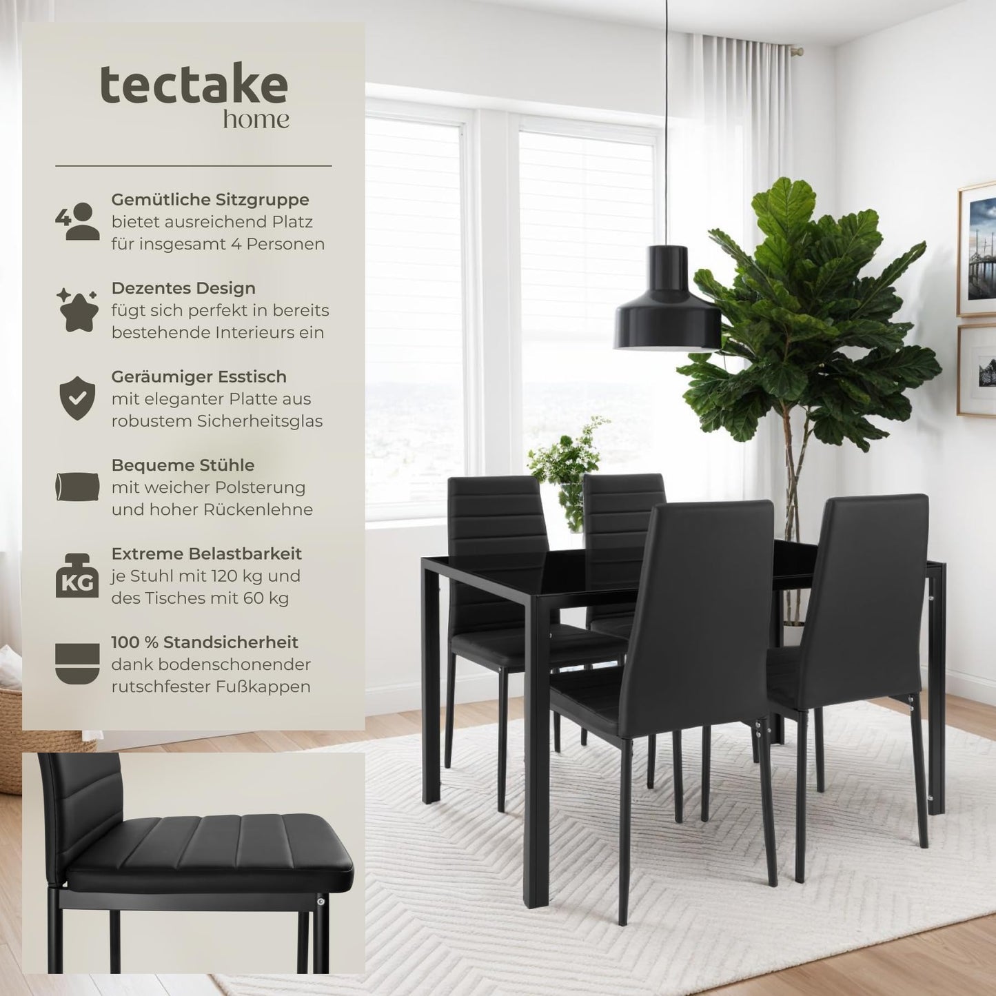 tectake Dining Set Table and Chairs, Dining Table and 4 x Chairs, Durable Faux Leather, Safety Glass Table Top, Modern Kitchen Chairs - Black