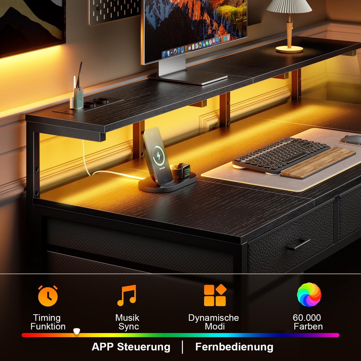 Schreibtisch mit 8 Schubladen, Computertisch mit 2 Steckdosen und 2 USB Ladeanschluss, Bürotisch mit LED und Monitorständer, PC Tisch für Büro, Wohnzimmer, 120 x 50 x 74 cm, Weiß