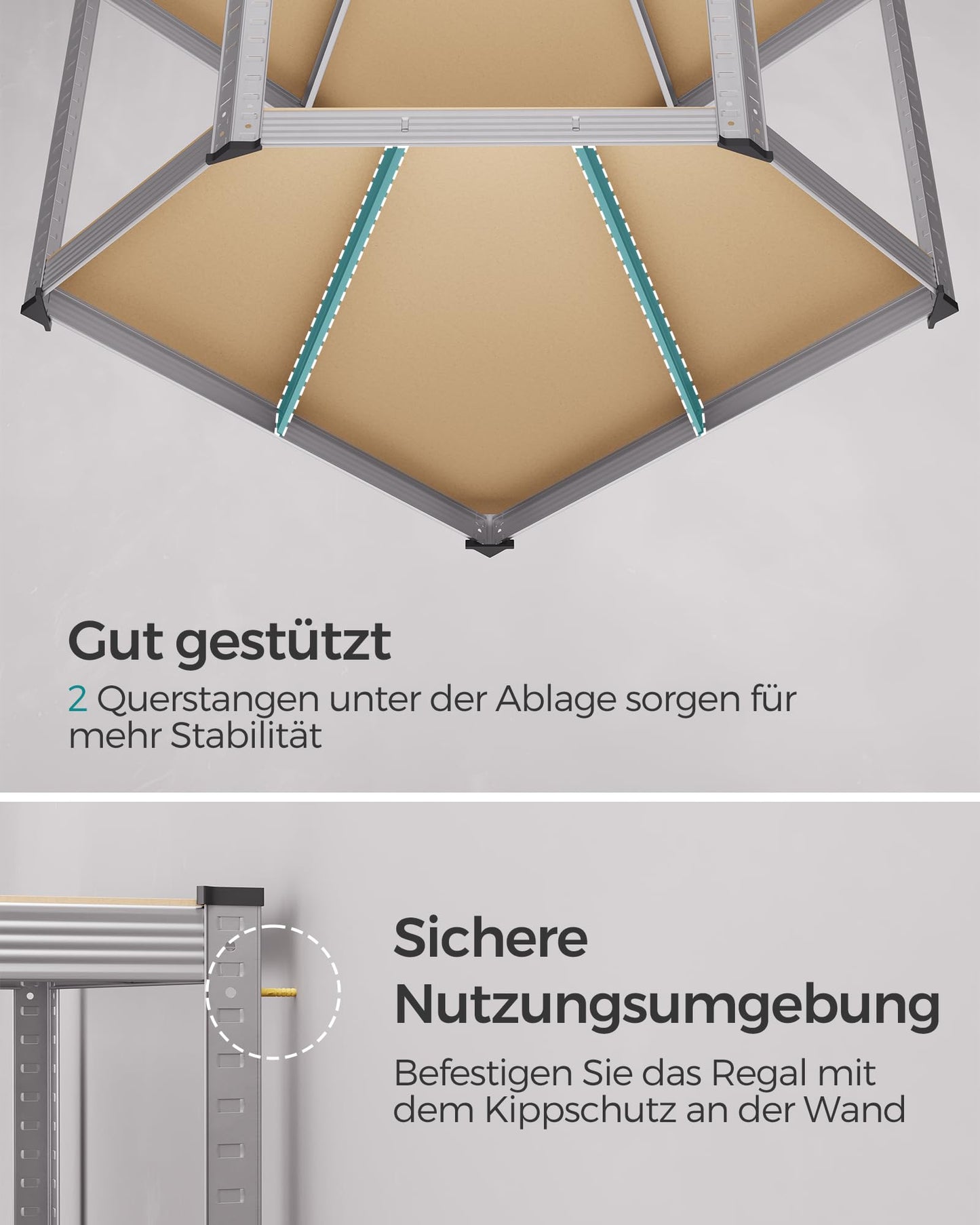 SONGMICS Corner Shelving Set, 5 Levels, Heavy Duty Shelf, Metal, Storage Shelving for Garage, Storage Room, Basement Shelf, Holds up to 2625 kg, Silver/Natural Beige, GLR070E03