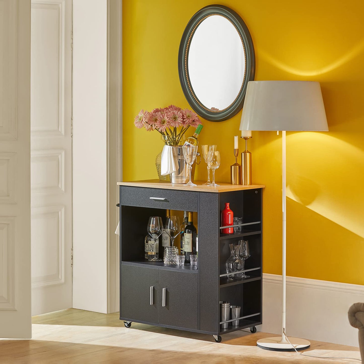 SoBuy Serving Trolley with Wheels Kitchen Trolley with Worktop Rolling Trolley Kitchen Island with Worktop Narrow Microwave Cabinet Kitchen Cabinet Side Table Wood Black 82 x 88 x 46 cm FKW113-SCH