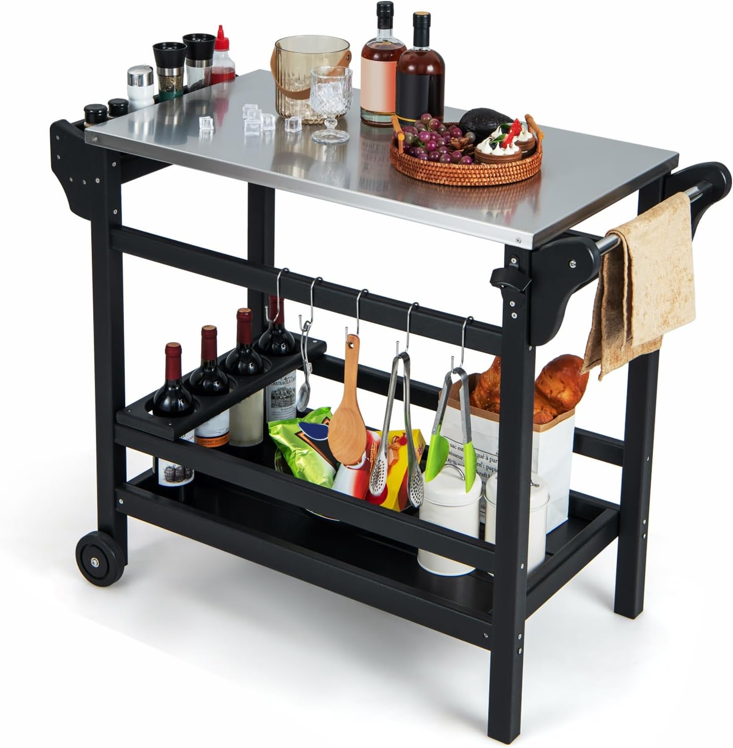 KOMFOTTEU Barbecue Trolley Grill Table with Stainless Steel Worktop, Garden Trolley Made of HDPE, Serving Trolley with Spice Tray, Wine Bottle Rack & Hooks, Grill Trolley, Kitchen Trolley for Outdoor