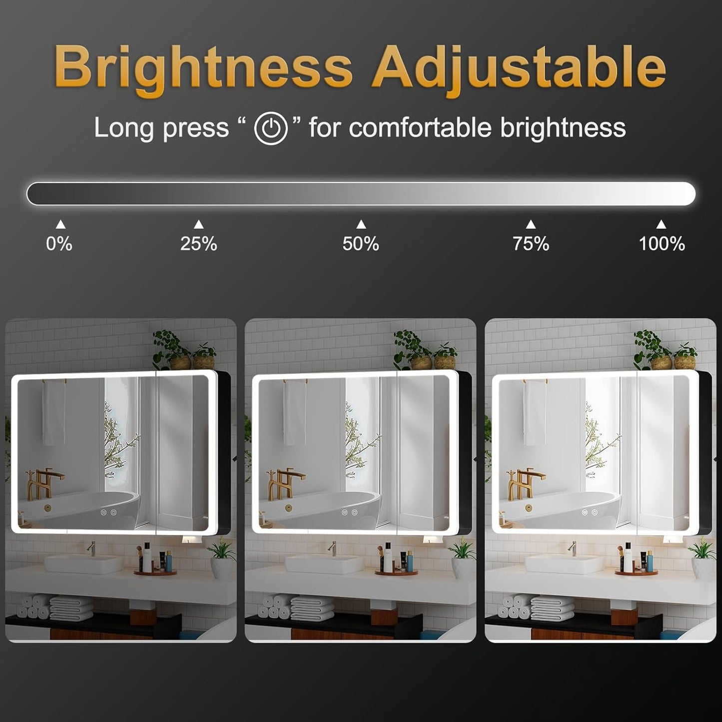 Aovquof Mirror Cabinet with Lighting - 90 x 60 cm Bathroom Mirror Cabinet with Storage Space, Bathroom Mirror Cabinet with Adjustable Dimmable LED Lights with Demist Function, Modern Cream Colour