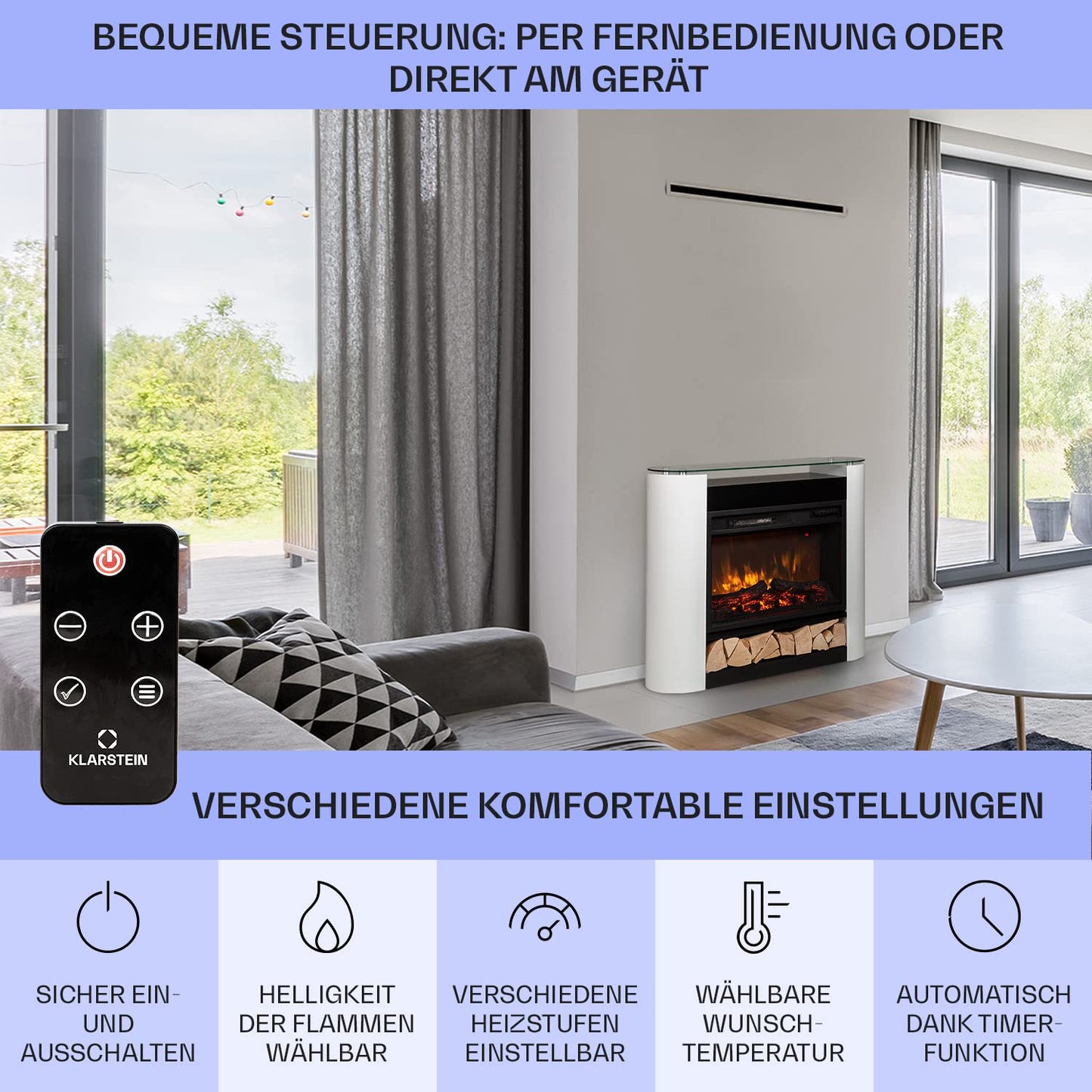 Klarstein Elektrokamin, Elektro Heizungen für Wohnzimmer & Innenräume, Elektrischer Kamin mit LED Flammen, Sparsamer Elektroofen, Heizlüfter mit Timer, Einstellbarer Thermostat, Heizung 1800 W
