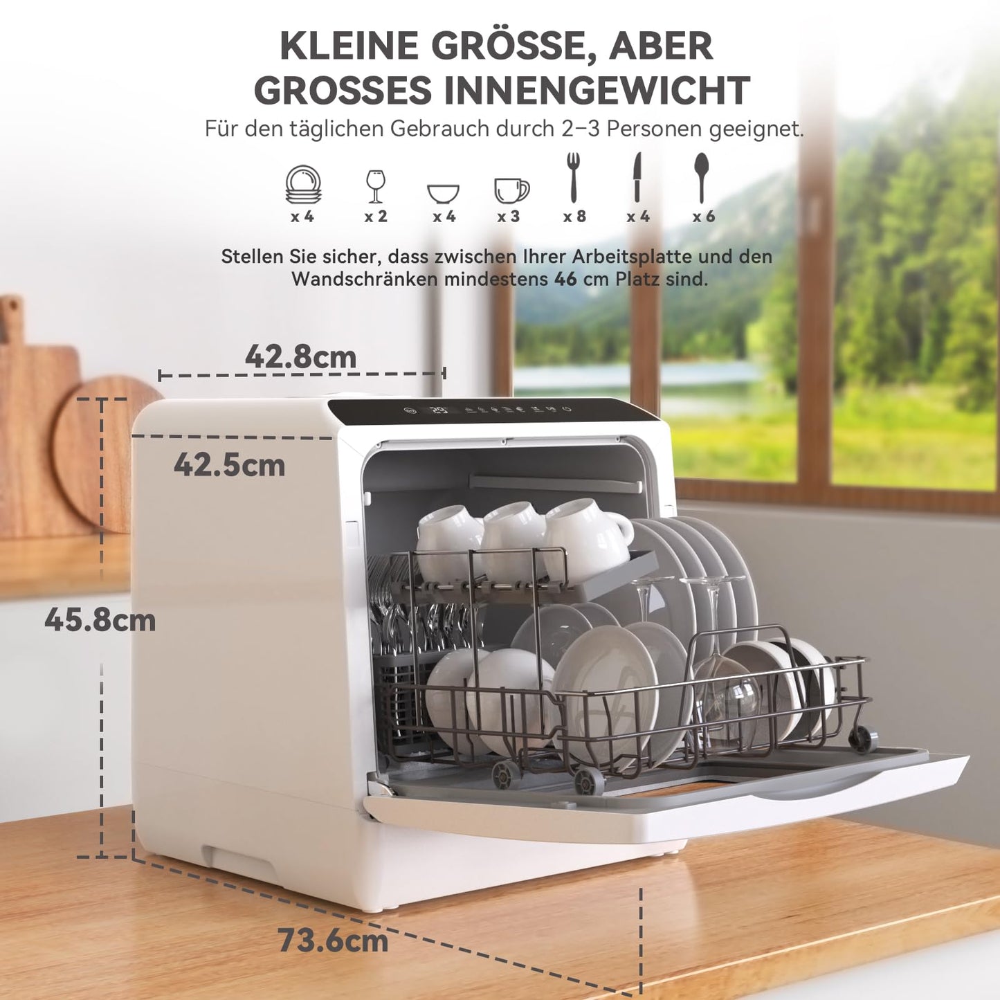 Hermitlux Tischgeschirrspüler, mini spülmaschine mit 7+3 Programme, 5 Maßgedecken, 5L Wassertank, Startverzögerung und Kindersicherung