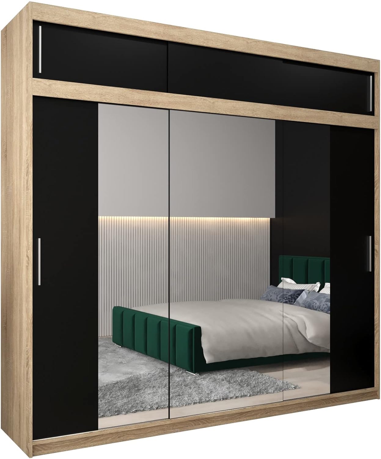 MEBLE KRYSPOL Kleiderschrank mit Spiegel Tokyo 2 - Garderobenschrank - Schrank Schlafzimmer - Mehrzweckschrank DREI Schiebetüren - Regalen - Flur Möbel - Kleiderstange Schrank - Allzweckschrank