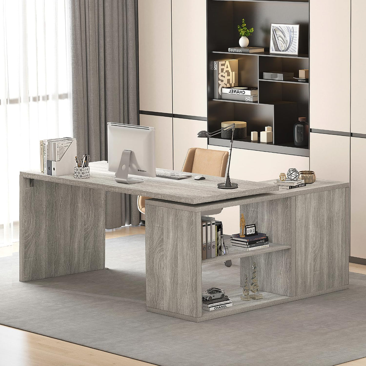 HSH Desk L Shape with Storage Space Corner Desk for Home Office Industrial Computer Desk Office Table Wood Design PC Table for Office Study Vintage Grey 140 cm