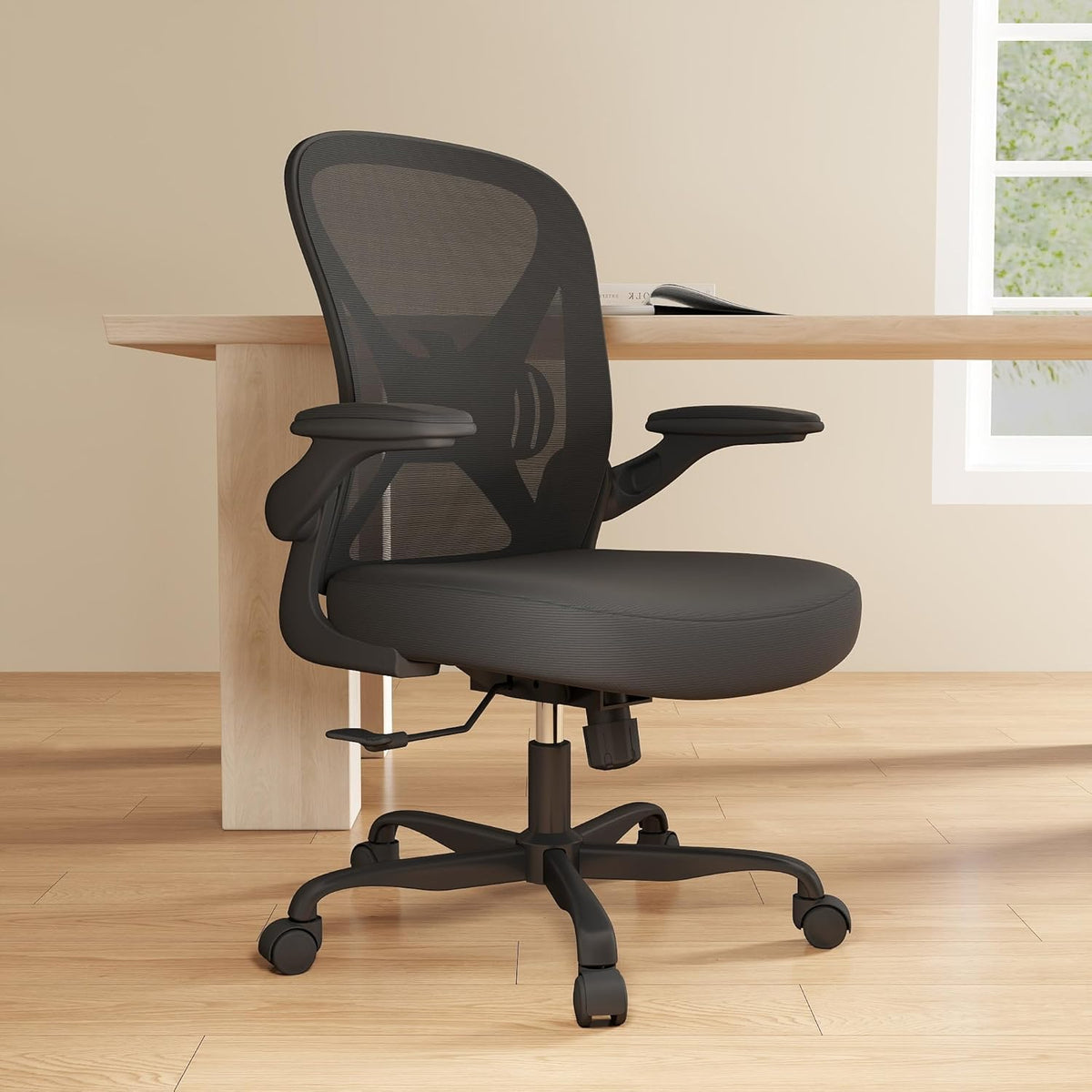 ZZH Ergonomic Desk Chair, Mesh Office Chair with Adjustable Lumbar Support & Folding Armrests, Breathable Computer Chair for Home Office with 360° Rotation & Height Adjustment, Black