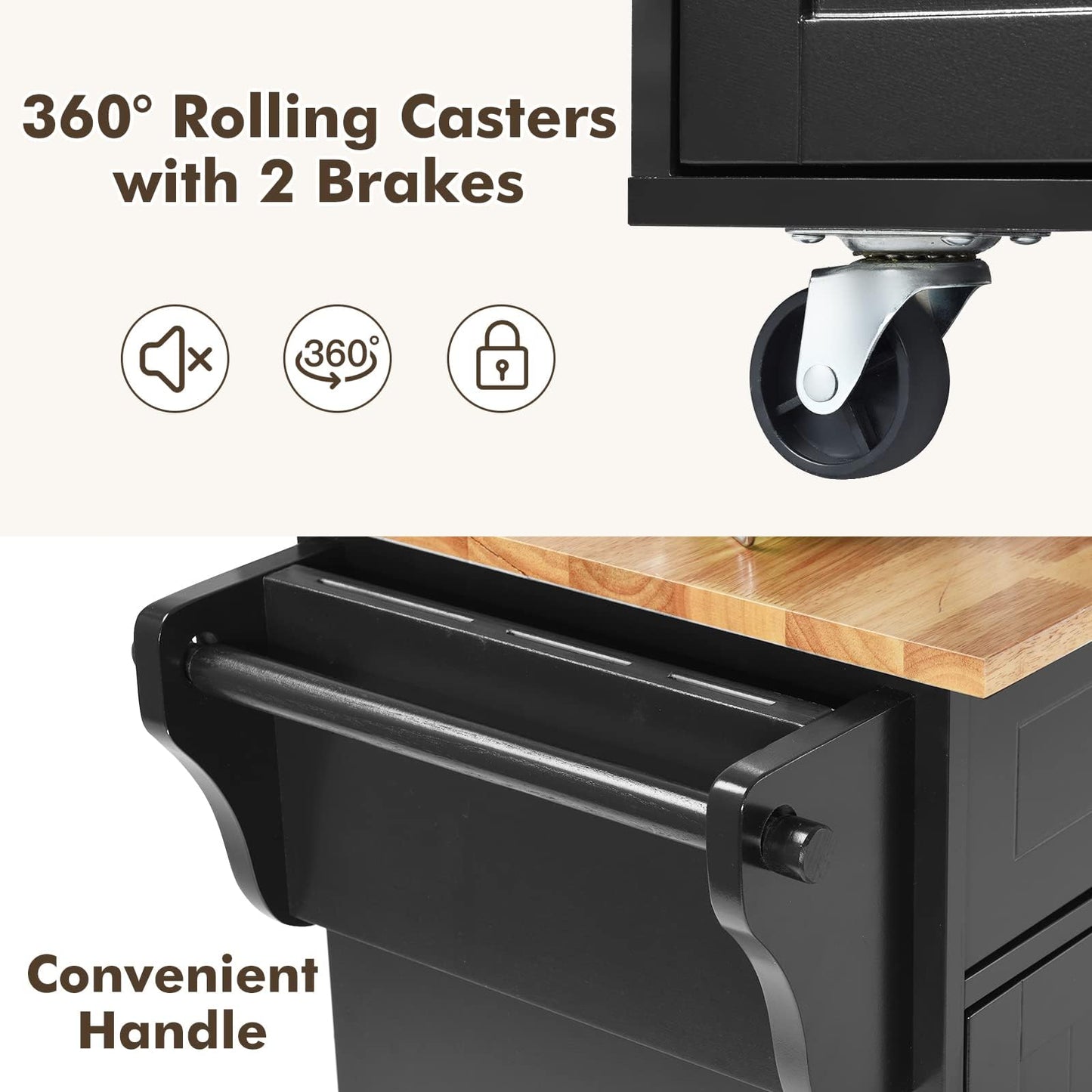 KOMFOTTEU Kitchen Trolley on Wheels, Wooden Serving Trolley with Worktop, Kitchen Island with Drawers, Towel Holder & Adjustable Shelves, Kitchen Cabinet Side Trolley Mobile 122 x 46 x 92 cm (Black)