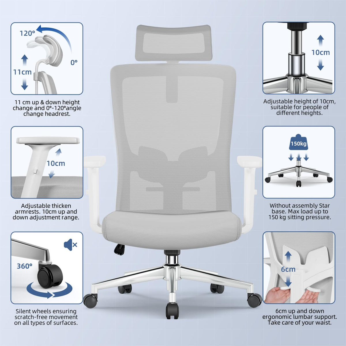 Ergonomic Office Chair with Adjustable Lumbar Support, Armrests and Headrest, Swivel Office Chair 150 kg, Desk Chair, Executive Chair, Rocker Function up to 135°