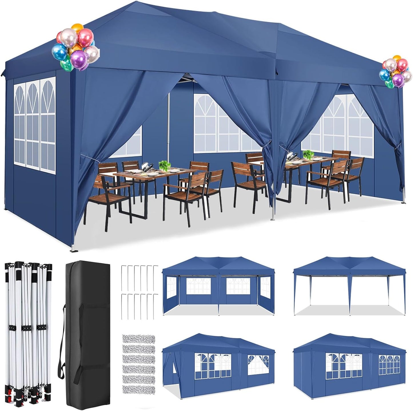 COBIZI Gazebo 3 x 6 Folding Gazebo Waterproof Stable Winterproof Foldable Party Tent with 6 Side Panels Pop Up Garden Gazebo UV Protection 50+ Height Adjustable for Beach Wedding Camping White