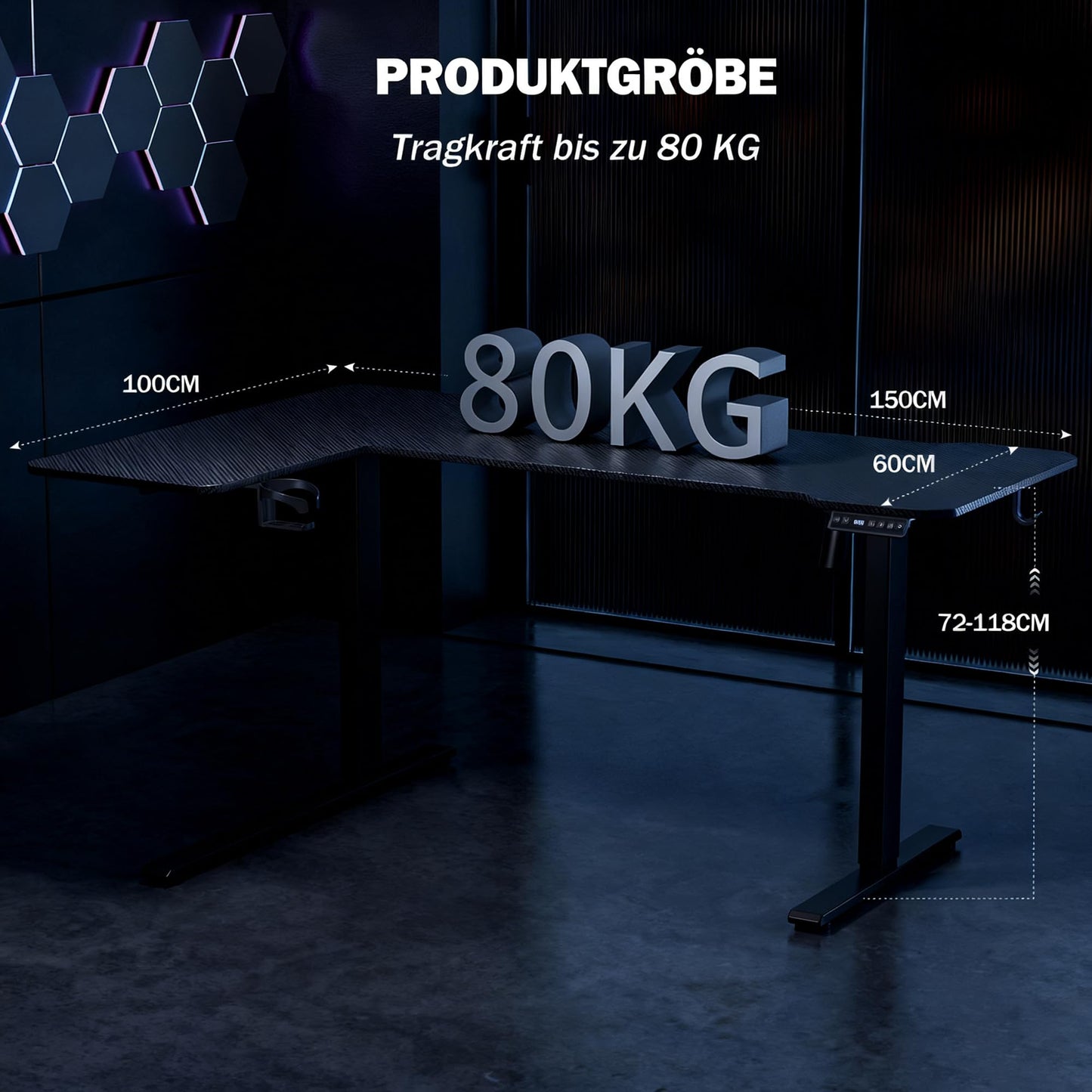 Acrolix Height-Adjustable Desk L Shape, 150 x 100 cm, Electric Corner Desk, Height Adjustable 72-118 cm, with Drink Holders and Hooks, Sturdy Scaffolding Corner Desk, Brown