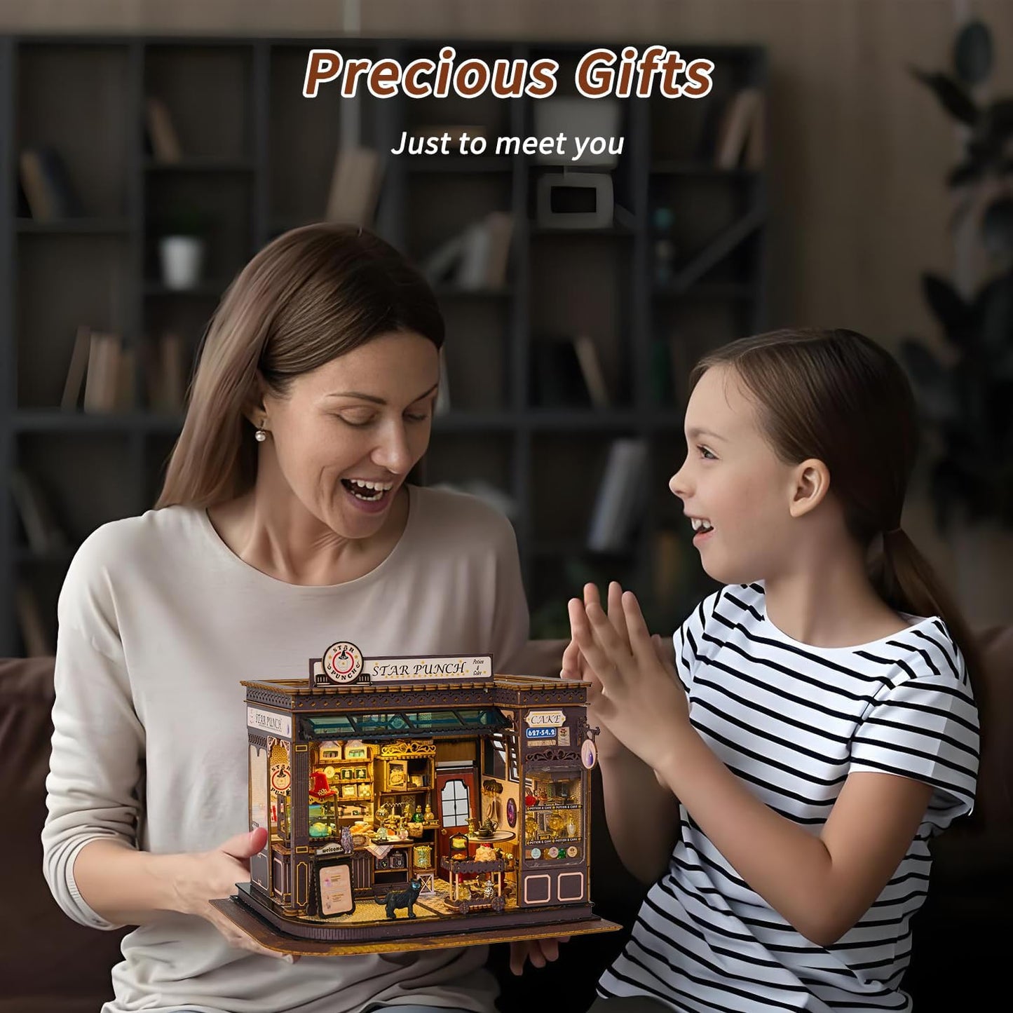Mostop DIY Miniature Dollhouse Kit-Book Nook Kit,Holzpuppenhaus Bausatz Miniaturhaus Bausatz mit LED Licht,Miniaturhaus Bausätze für Kinder/Erwachsene Haus DIY Bausätze(Magic Coffee Shop)