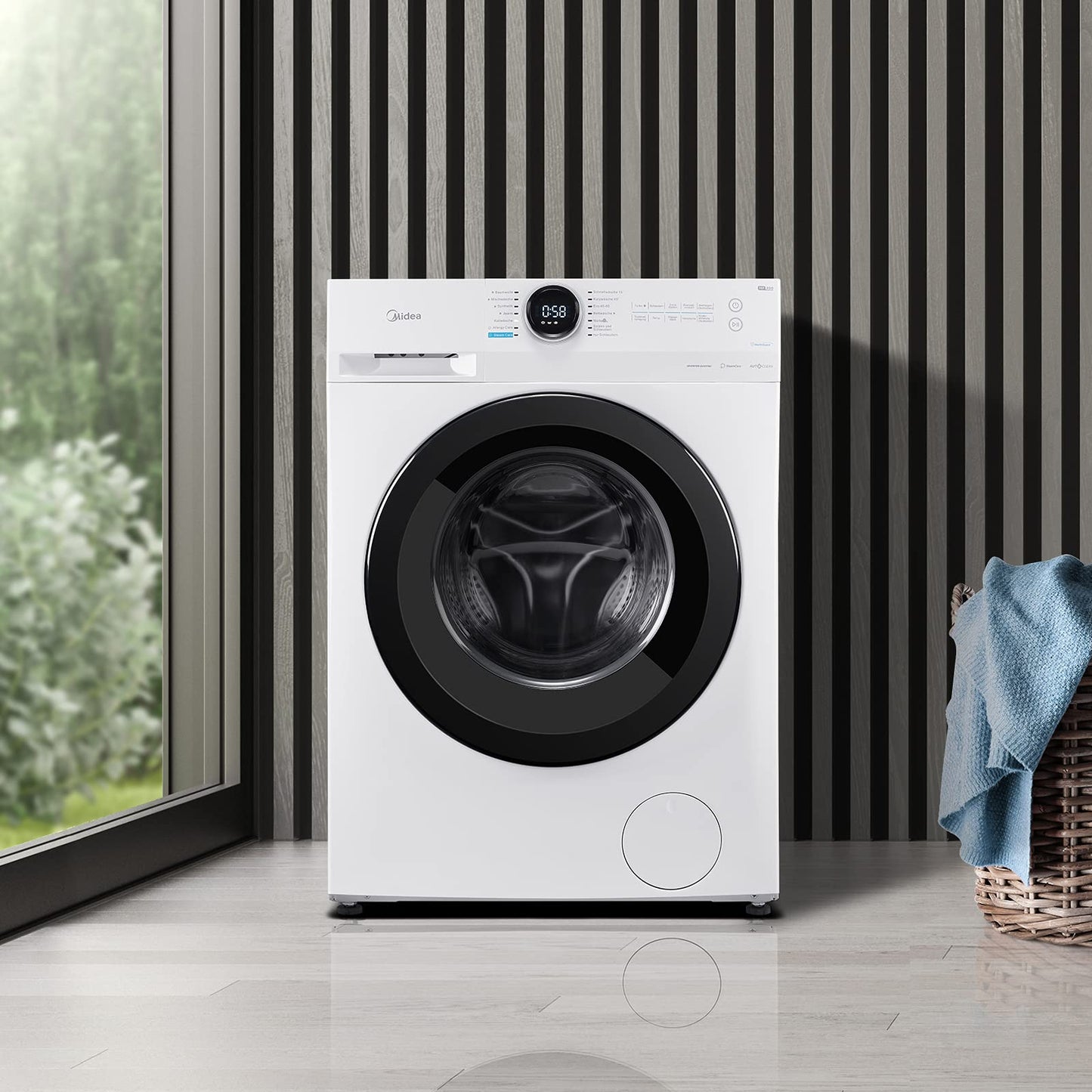 Midea MF200W80WB-14AS Washing Machine, 8 kg, Energy Efficiency Class A, Automatic Volume, Steam Care, Refill Function, 1400 rpm, Time Saving, Turbo, Only 48 cm Deep, App Control, AquaStop, White