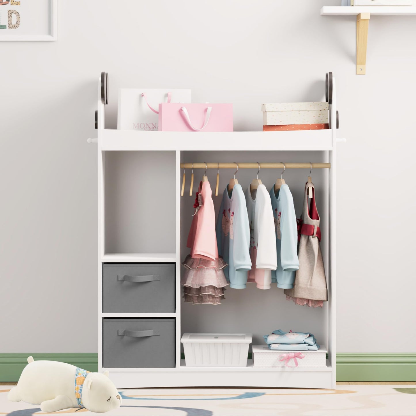 Children's Clothes Rack with Mirror, Clothes Rail with Shelves, Children's Wardrobe Wood, Children's Shelf for Children's Room, 81 x 28 x 106.5 cm (Clouds with 2 Drawers, White)