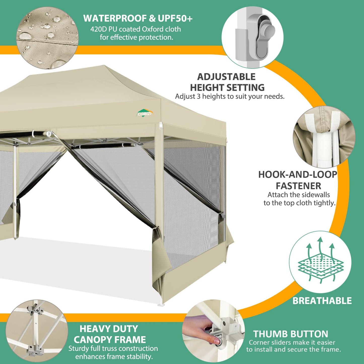 COBIZI Pavillon 3x3 Faltpavillon 3x3 Wasserdicht Stabil, Partyzelt Gartenpavillon UV-Schutz mit 4 Seitenwänden aus Mesh, Schwarz
