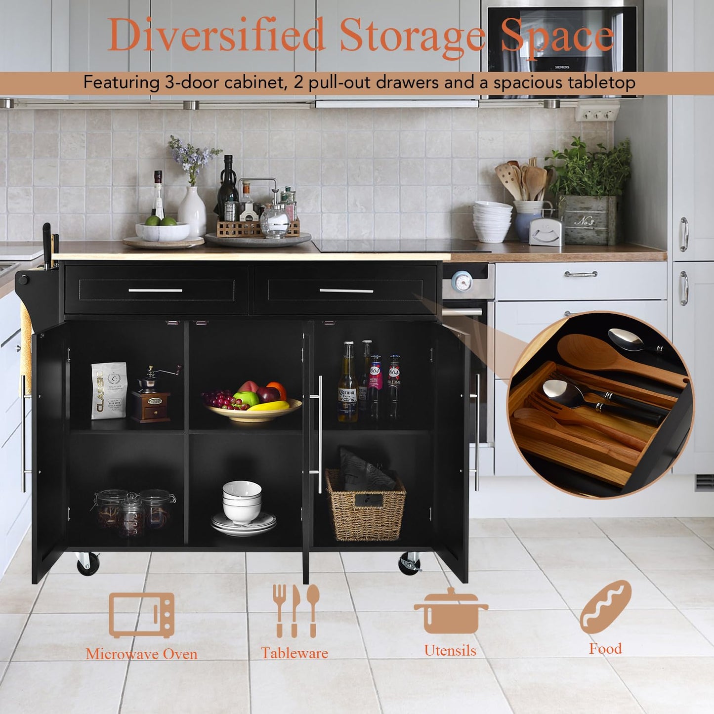 KOMFOTTEU Kitchen Trolley on Wheels, Wooden Serving Trolley with Worktop, Kitchen Island with Drawers, Towel Holder & Adjustable Shelves, Kitchen Cabinet Side Trolley Mobile 122 x 46 x 92 cm (Black)