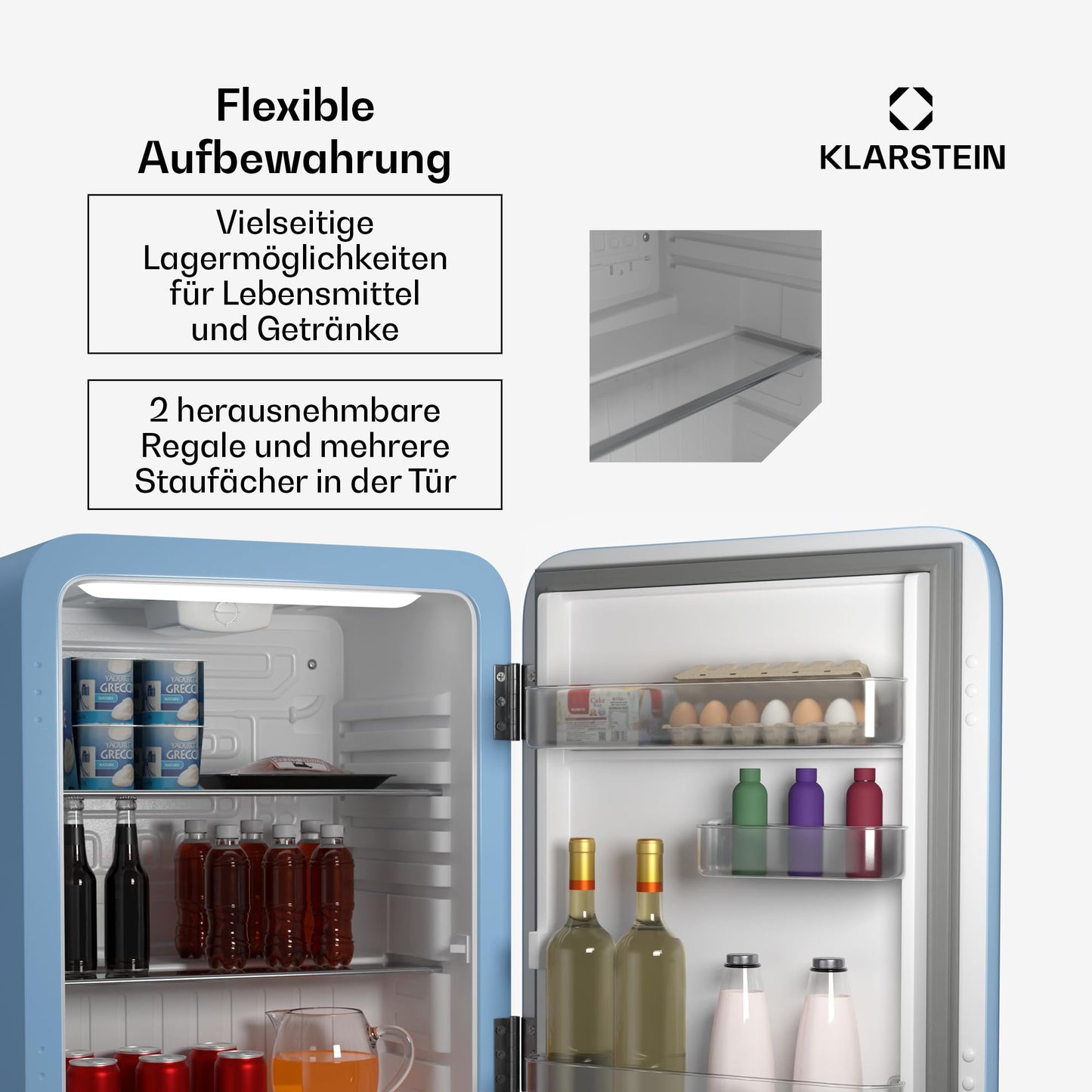 Klarstein Kühlschrank, Mini-Kühlschrank für Getränke, Kühlschrank Klein, Kleiner Kühlschrank Lautlos, Skincare Fridge, Vintage Design, Camping Kühlschrank, Minikühlschrank für Zimmer, 0-10°C, 70 L