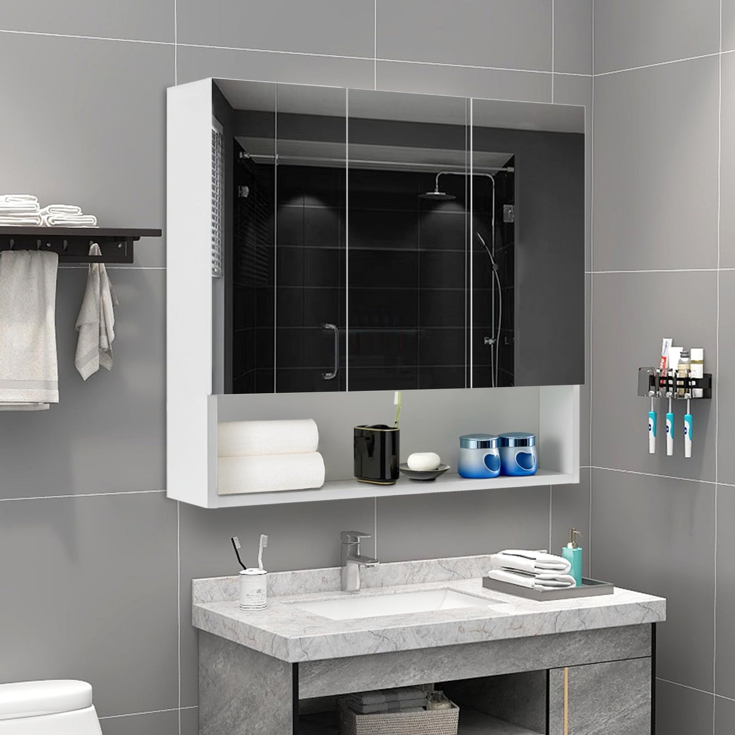 TUKAILAI Mirror Cabinet Bathroom Cabinet with 2 Toy Doors and Additional Shelf Storage Cabinet with Adjustable Shelves Wall Cabinet Medicine Cabinet Wall Cabinet for Bathroom White