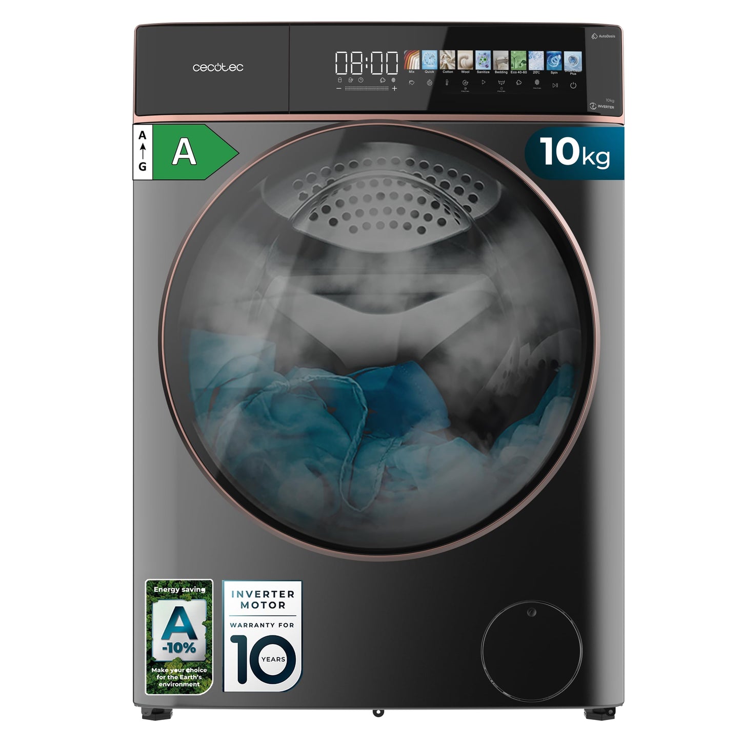 Cecotec Washing Machine 10 kg Front Loader Bolero Dress Code 10950 Car Socket Inverter 3D Steel A. 1400 rpm, Matrix Display 9.2 Inches, 16 Prog, Low Consumption, Inverter Plus Motor, Auto Dosage,