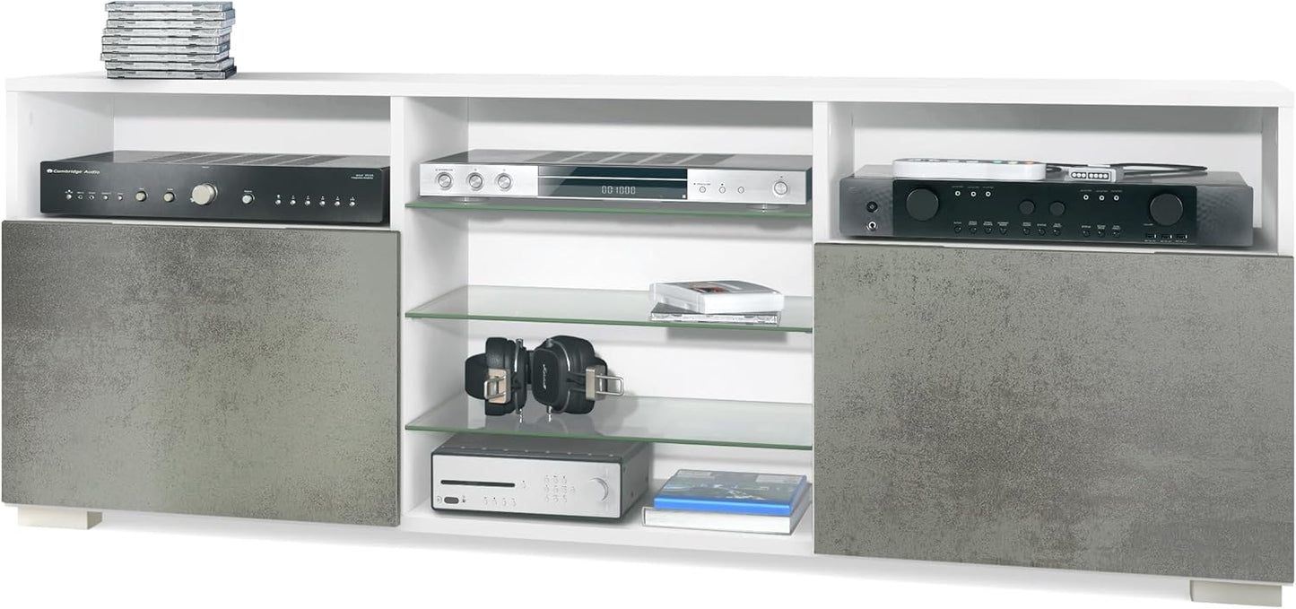 Vladon Granada TV Board Lowboard with 2 Doors and 6 Open Compartments, Matt White Body, Fronts in Sand Grey High Gloss (146 x 54 x 35 cm)