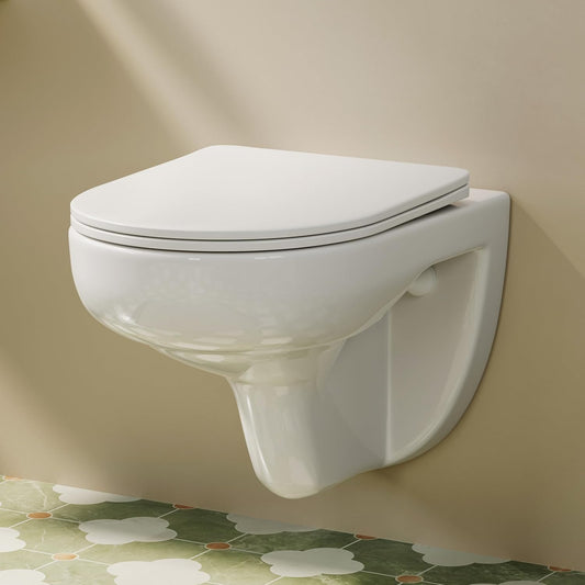 HOROW Wall-Mounted Toilet, Rimless, Toilet Including Toilet Lid with Soft-Close Mechanism, Powerful Flush Washdown Toilets, Toilet Bowl with Nano Coated Glaze, 52.5 x 36 x 36.5 cm