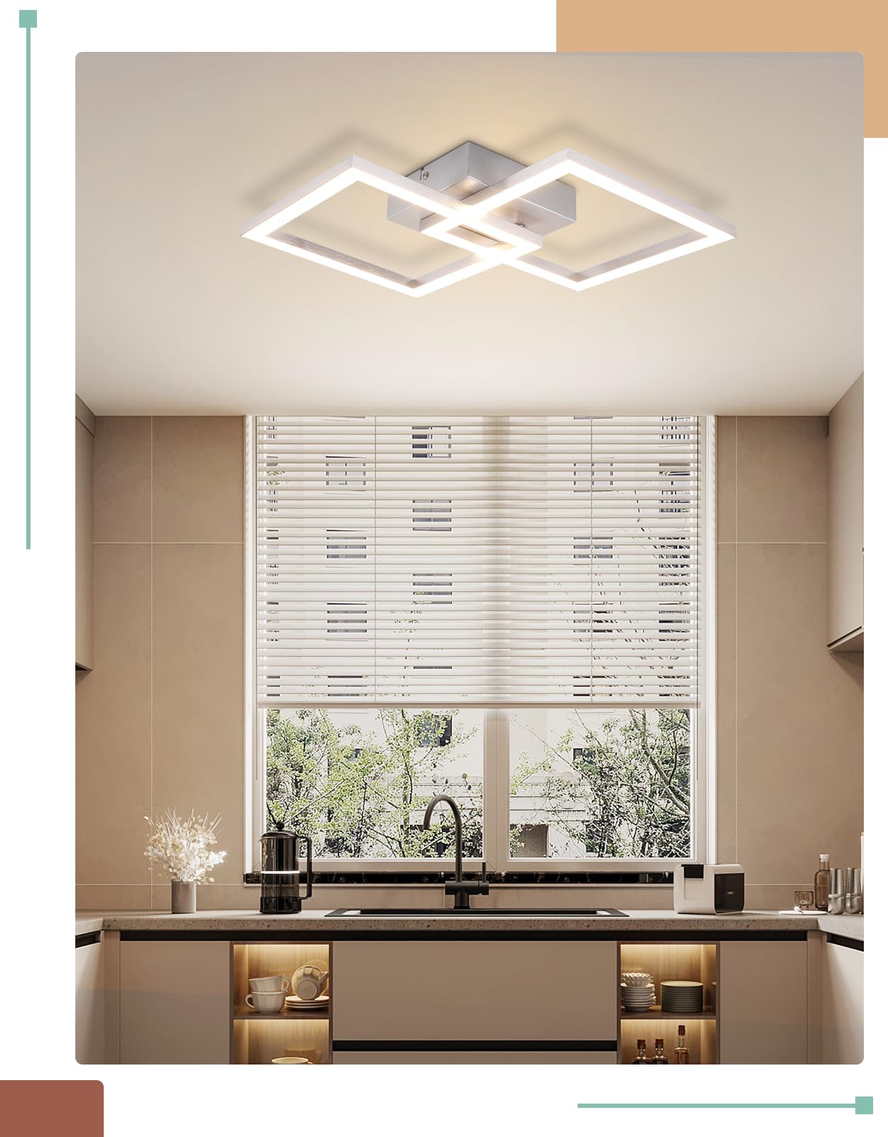 Homefire LED Ceiling Light, Kitchen, 24 W, Kitchen Lamp, Black, Living Room Lamp, Modern Design, Hallway Lamp, Warm White, Hallway, Bedroom Lamp, Square, for Living Room, Bedroom