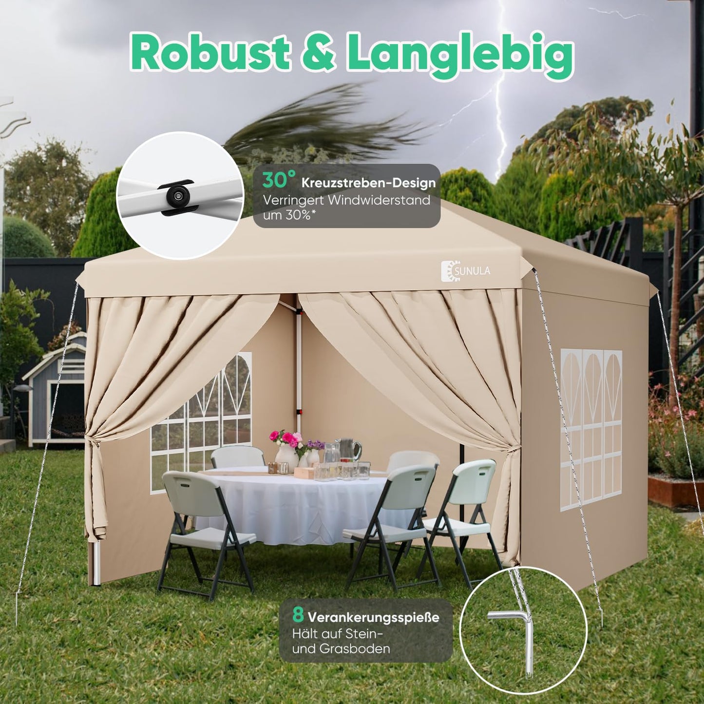 Gazebo 3 x 3 Waterproof Stable Winterproof with 4 Side Walls, Folding Gazebo 3 x 3 m with Thickened Tubes, Party Tent, Garden Gazebo, Folding Tent for Camping, Festival, Party (Grey)