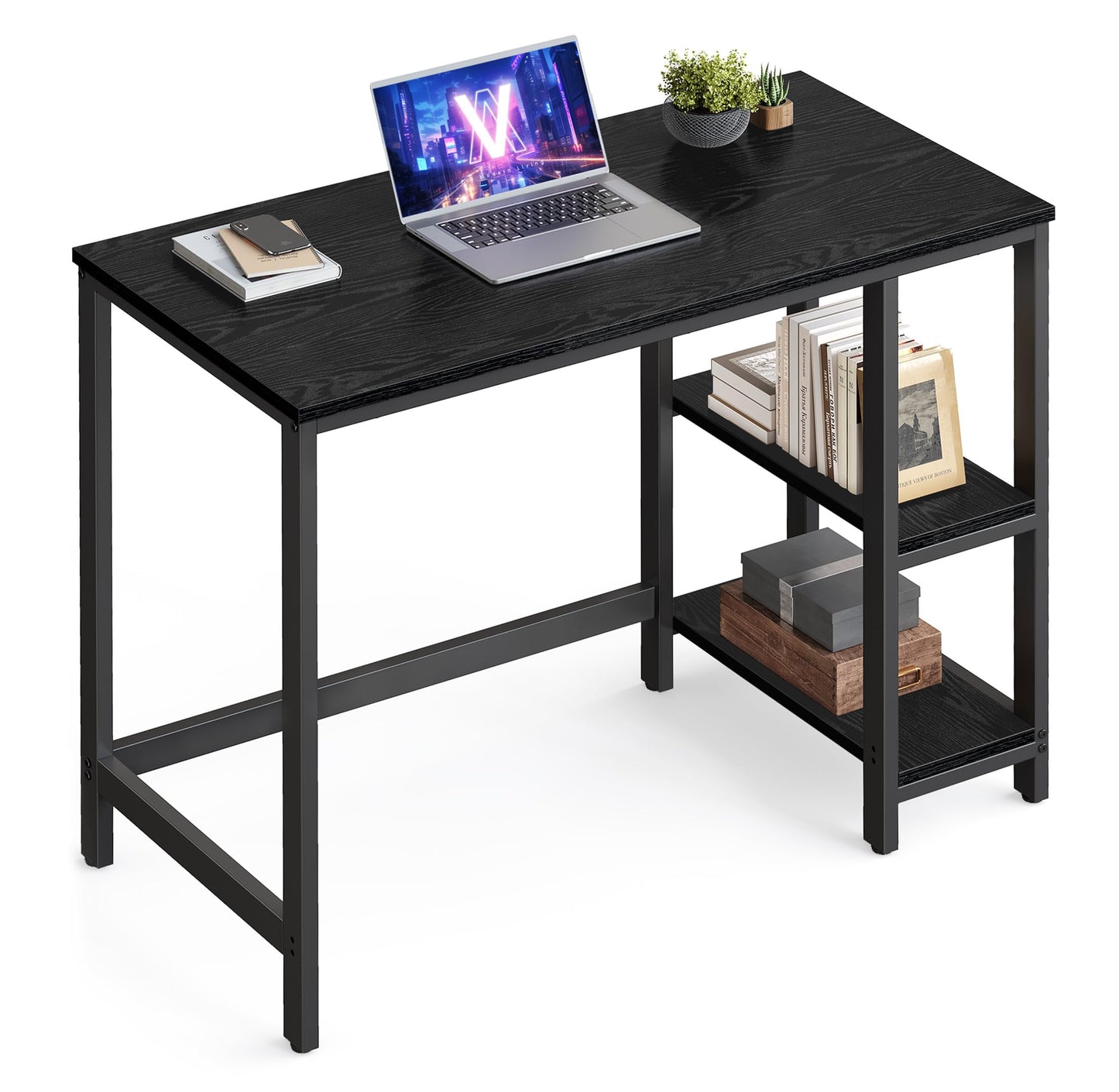 VASAGLE LWD55X Desk Computer Desk PC Desk Office Table with 2 Shelves on Right or Left Side for Office Living Room Steel Frame Industrial Design Vintage Brown/Black