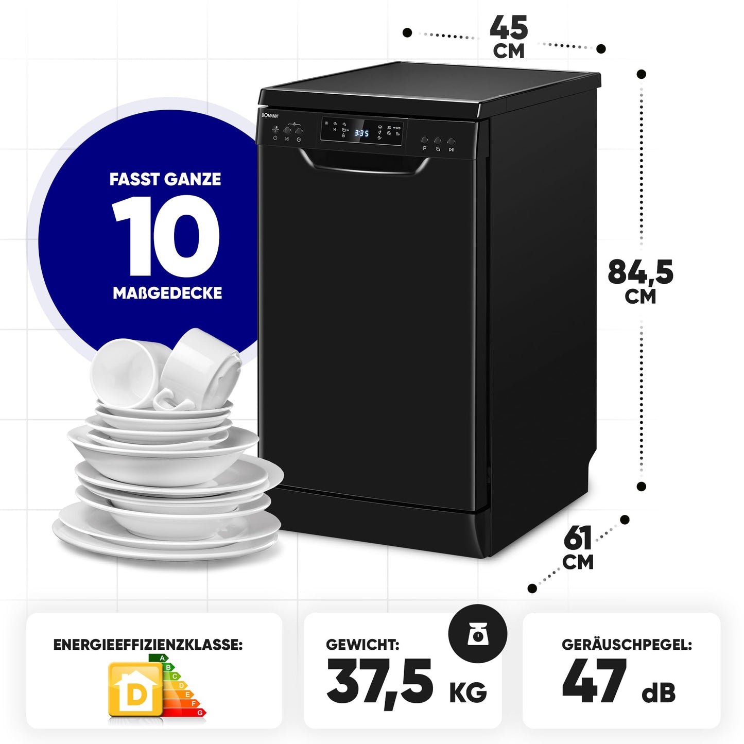 Bomann Dishwasher 45 cm, 10 Place Settings, Dishwasher Stand or Substructure, 7 Programmes & 2 Spray Levels, Dishwasher with Start Dial, Dishwasher Can Be Under-Assembled GSP 7418, Black