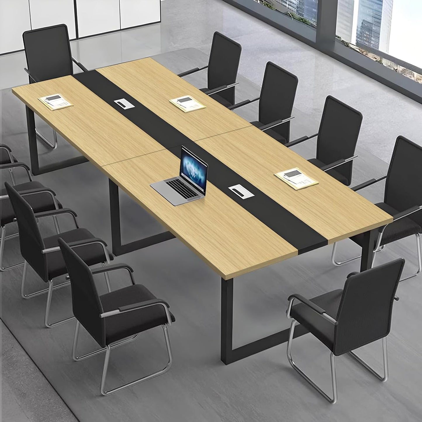 Large Conference Table, Modern Meeting Table with Cable Channel and Black Metal Frame for 8-12 People, Rectangular Seminar Table for Office, Conference Room
