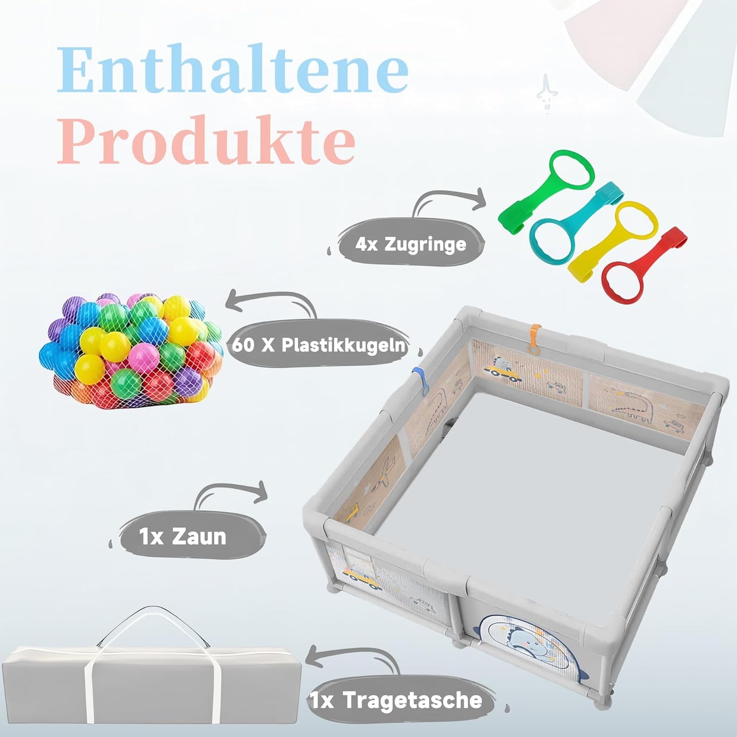 Baby Playpen, 200 x 180 cm, Baby Playpen with Non-Slip Base, Stable and Safe Indoor Baby Playground, Includes 60 Sea Balls, 4 Handles, Playpen, Storage Bag, (Dinosaur Pattern)