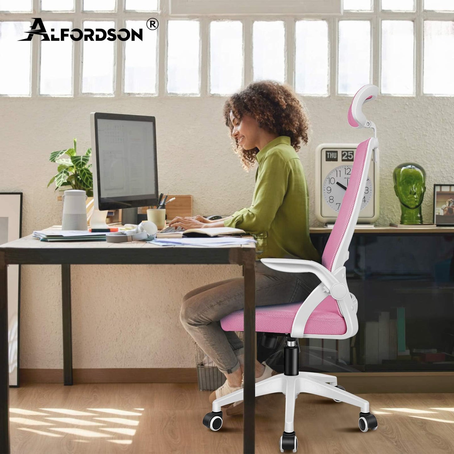 ALFORDSON Ergonomic Office Desk Chair, Computer Chair with Dynamic Lumbar Support, Tilting Swivel Chair with Flip Up Armrest, Black