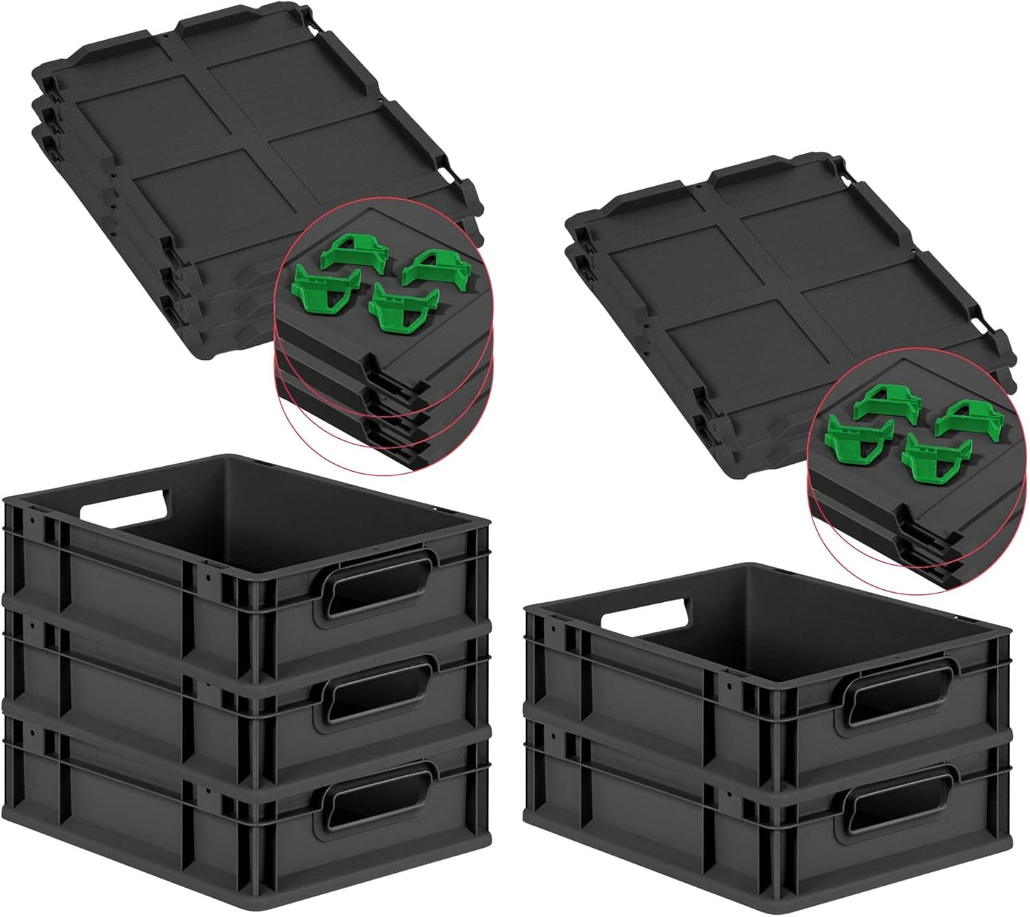 PROREGAL SuperSparSet 3 x Eurobox NextGen Grip with Lid and Yellow Clasps, H x W x D 32 x 40 x 60 cm, 65 Litres, Open Handles, Reinforced Base, Euro Container, Transport Box