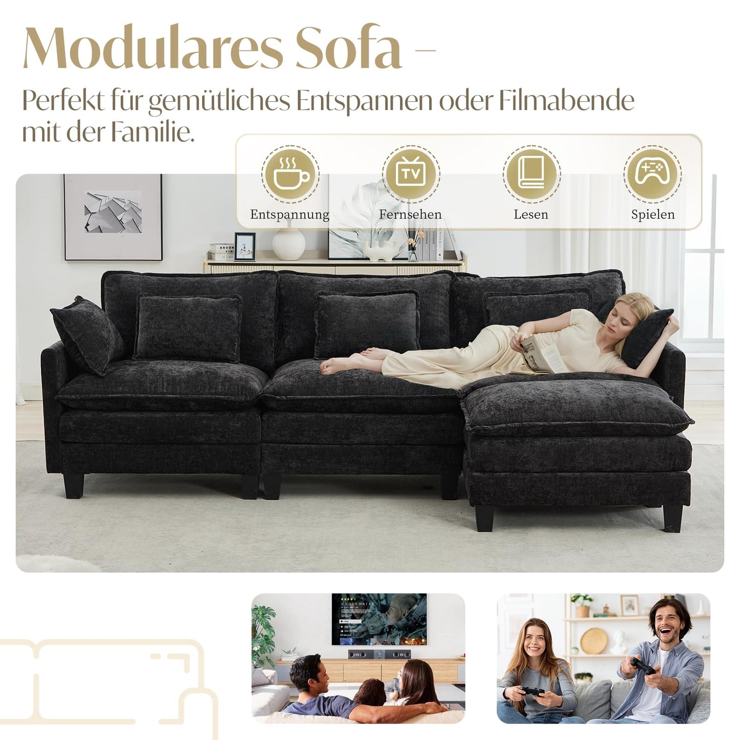 Modular Sofa with Sleep Function, Chenille Corner Sofa, Small with Thick Padding, Sofa L Shape Set with Couch Cushion, Comfortable Armchair, Living Room Couch with Stool, Chaise Lounge (Dark Grey, 287