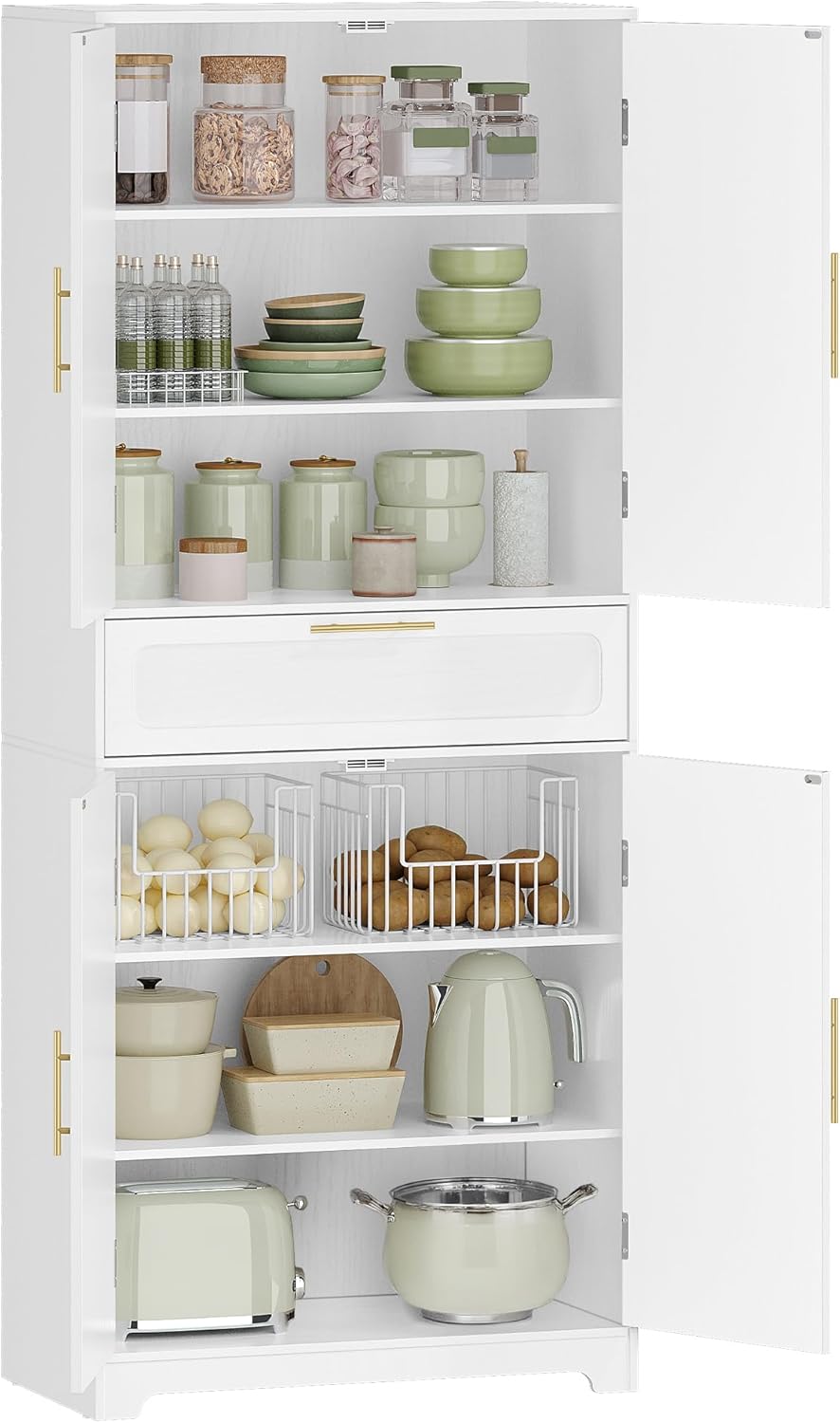 Hzuaneri PT18103X Kitchen Cabinet, Tall Cabinet with 4 Doors, Sideboard with 1 Large Drawer, Buffet Cabinet, Dining Room Cabinet, Adjustable Shelves for Dining Room, Kitchen, Living Room, White