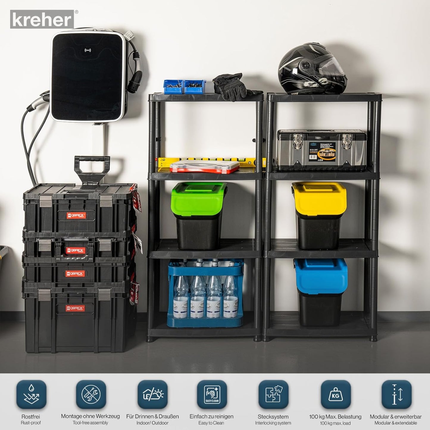 Kreher Economy Set of 2 Plastic Shelves, Household Shelves, Black, 4 Shelves, Max. 100 kg Load per Shelf, 61 x 30.5 x 130 H cm, TÜV Rheinland