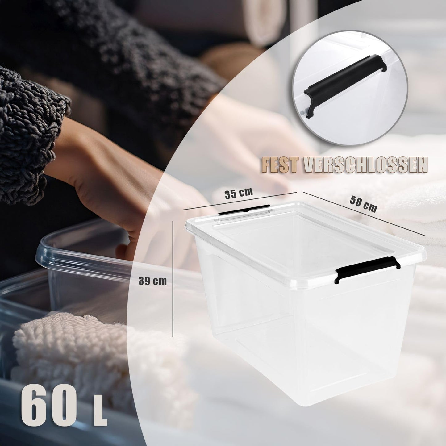 astor24 Storage Box with Lid - Transparent Organiser 40 L - Food Safe - Stackable. Ideal for Office, Children's Room, Clothes Boxes - Kitchen - Workshop