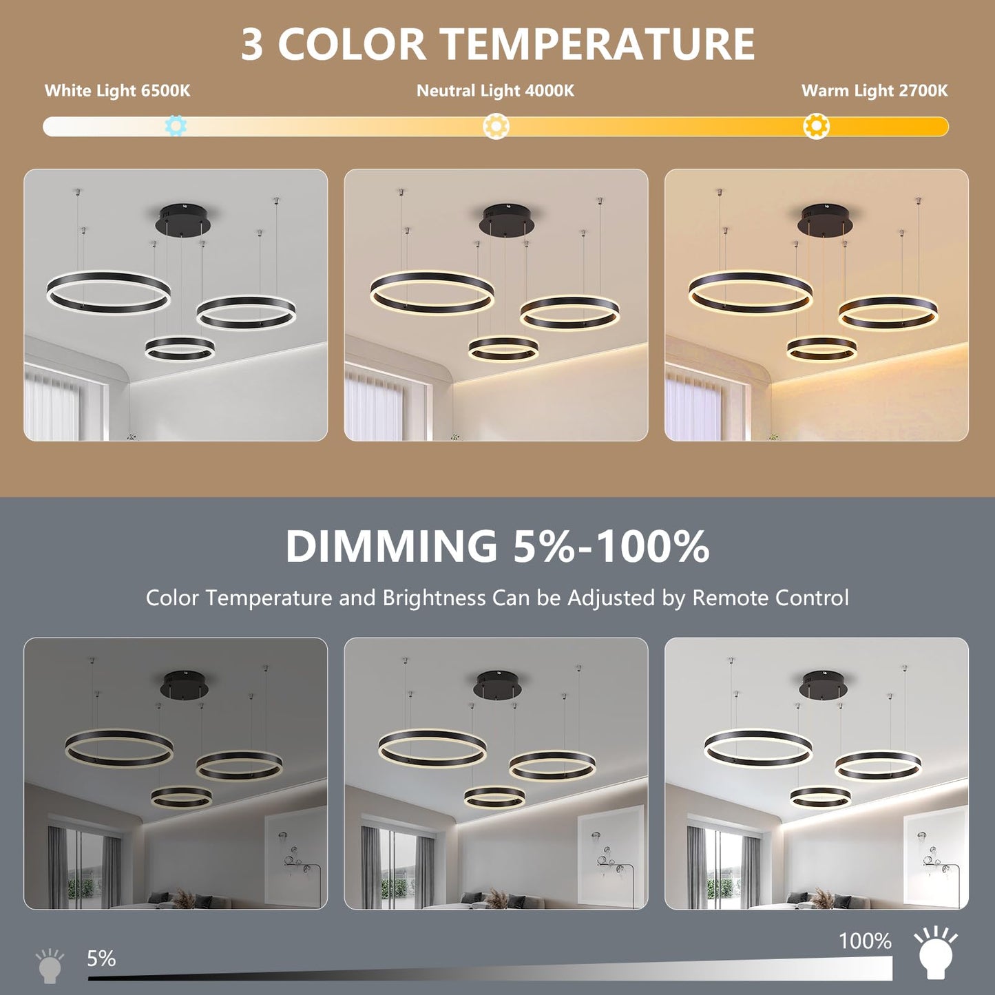 SUCIKORIO LED Pendelleuchte Esstisch, Modern LED Rund Hängelampe Esstisch Dimmbar Hoehenverstellbar 88W Aluminium Esstischlampe Hängend Mit Fernbedienung 2700K-6500K 5%-100% Helligkeit 30+40+50cm