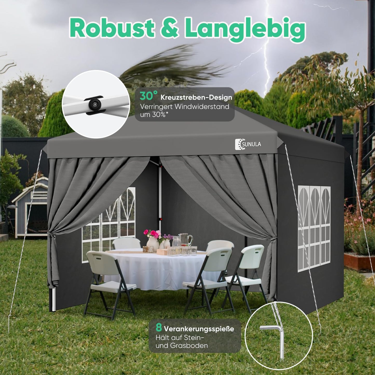 Gazebo 3 x 3 Waterproof Stable Winterproof with 4 Side Walls, Folding Gazebo 3 x 3 m with Thickened Tubes, Party Tent, Garden Gazebo, Folding Tent for Camping, Festival, Party (Grey)