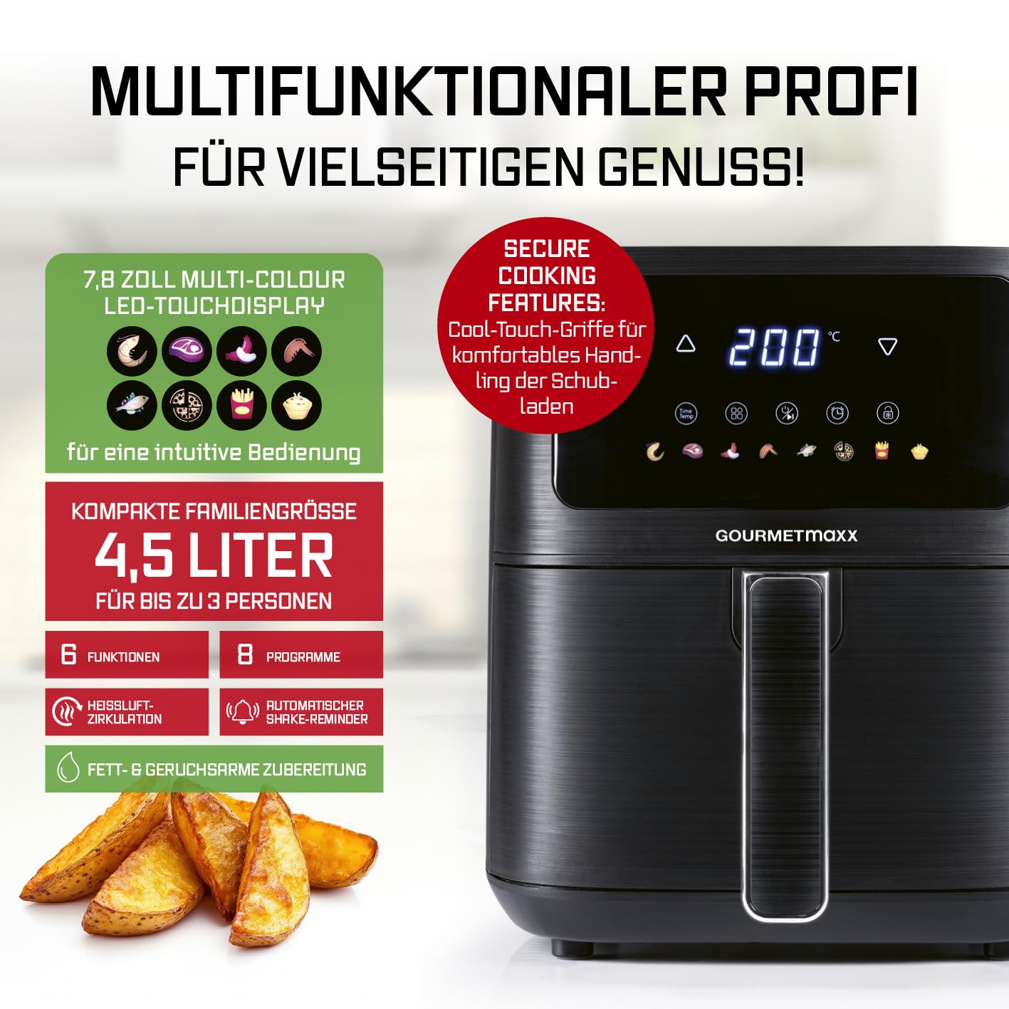 GOURMETmaxx Digitale Heißluftfritteuse 12 L, XXL-Edelstahl-Ofen | Airfryer + Timer, Touchdisplay, Drehspieß | fettarm, energiesparend frittieren | 10 Programme inkl. Pizza | 1800 W