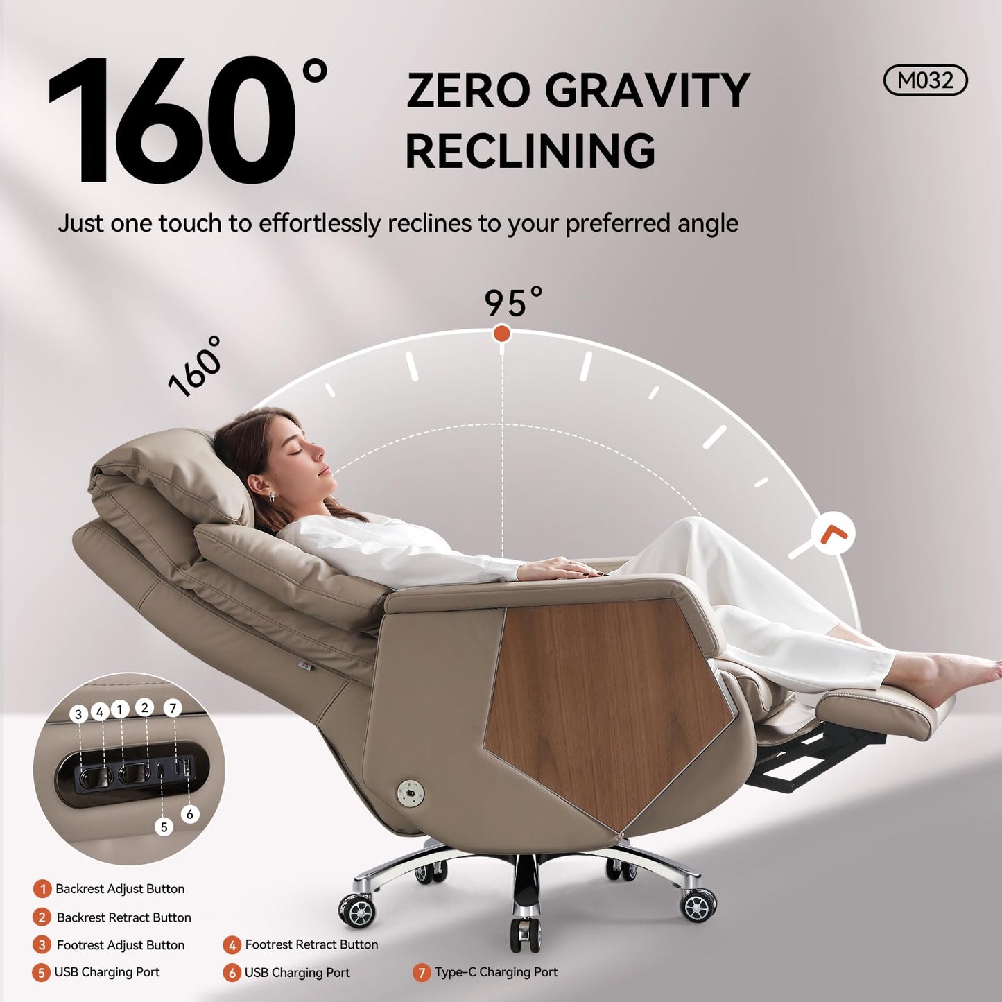 EMIAH Executive Massage Chefsessel M032-1 Liegefunktion Bürostuhl mit Armlehne Ergonomischer Schreibtischstuhl mit Fußstütze und Lendenwirbelstütze Elektrischer Rollender Leder Computerstuhl (Khaki)