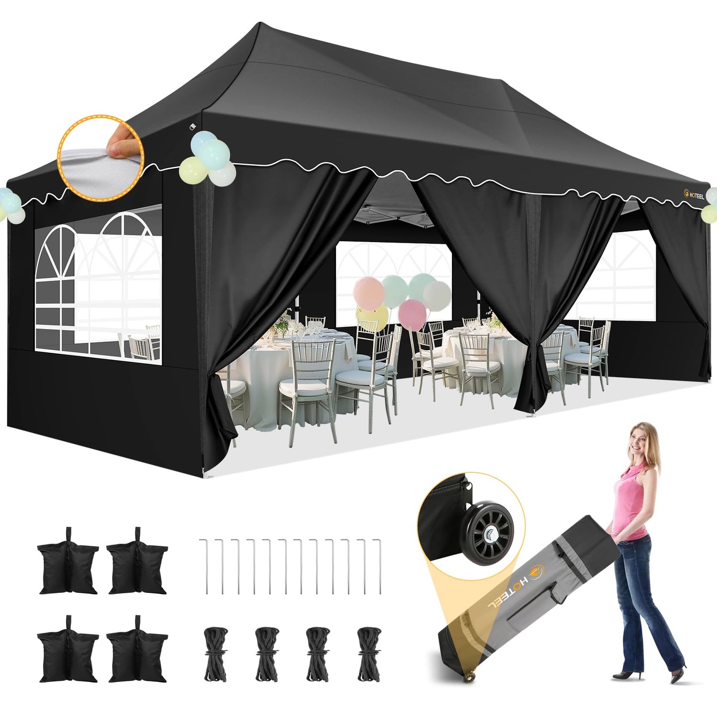 HOTEEL Gazebo 3 x 6 Waterproof Stable with 6 Removable Side Walls, Wave Hem Roof Party Tent 3 x 6 with Wheel Bag and 4 Sand Bags, Folding Gazebo 3 x 6 Parasol for Wedding Market (Grey)
