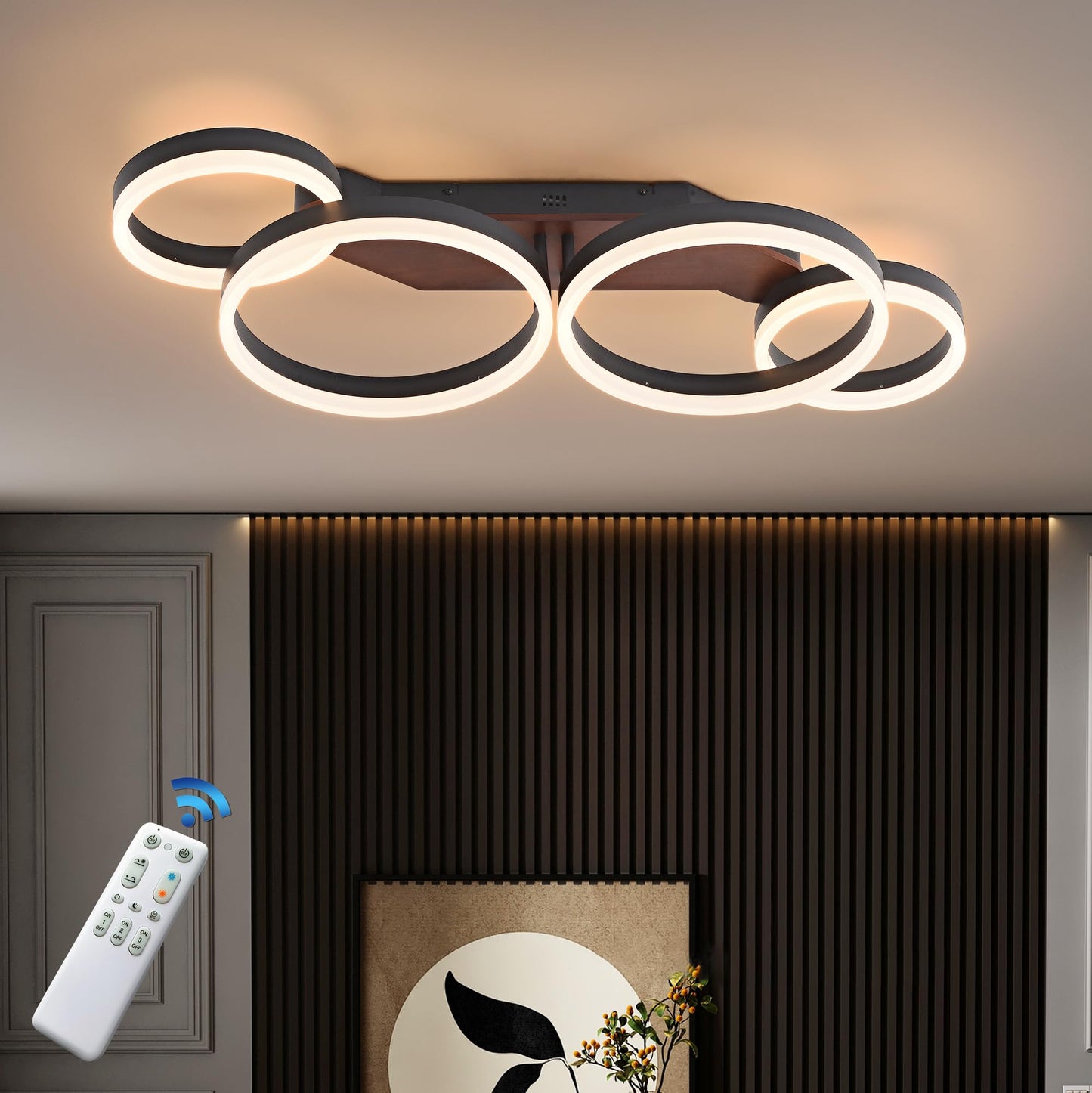 LED Ceiling Light Wood Dimmable, Rotatable 350°, Solid Wood Black Vintage Ceiling Light, 28 W, 40 cm, 2800 lm, 3000 K - 6000 K with Remote Control, Bedroom Lamp, Memory Function, 3 W Night Light