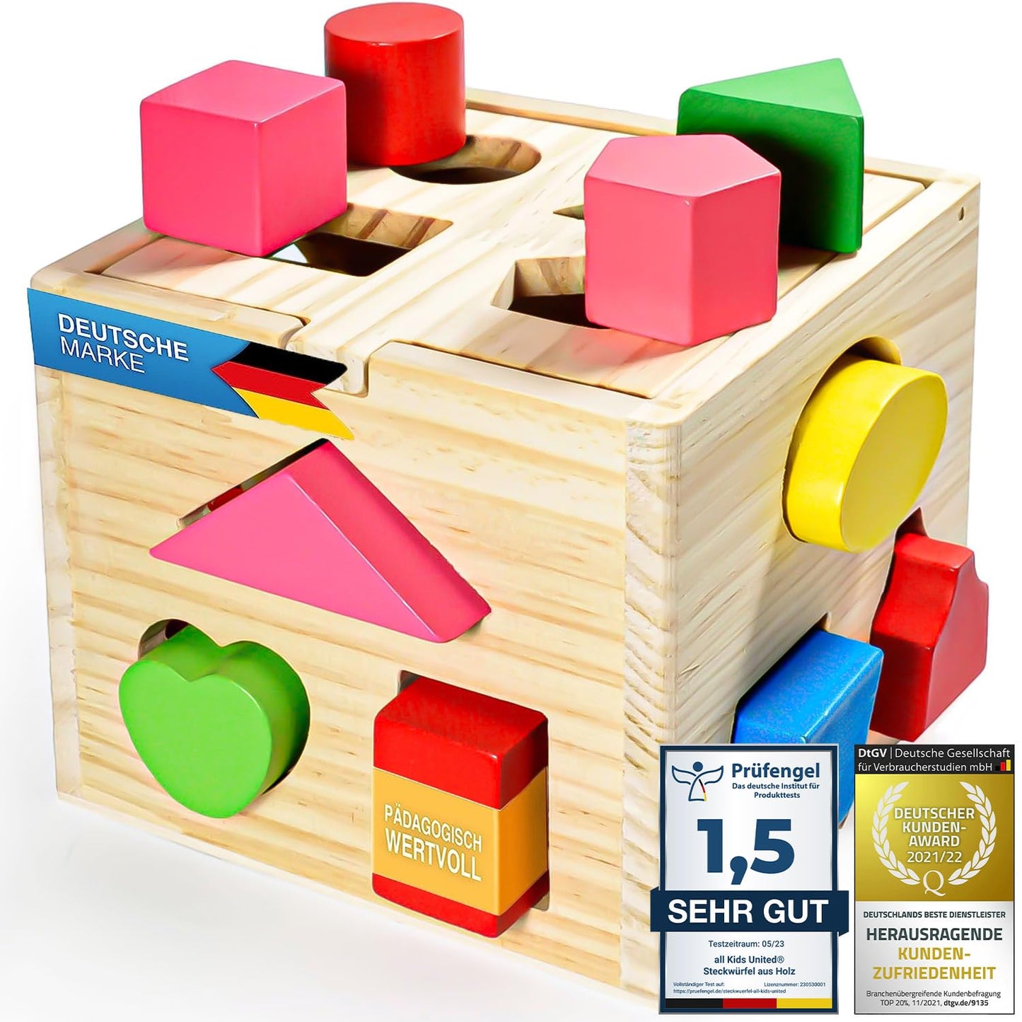 all Kids United® Wooden Cube Educational Toy Box Play Box for Baby & Toddler; Wooden Toy Puzzle Sorting Cube Trains Motor Skills Promotes Shape Recognition & Concentration