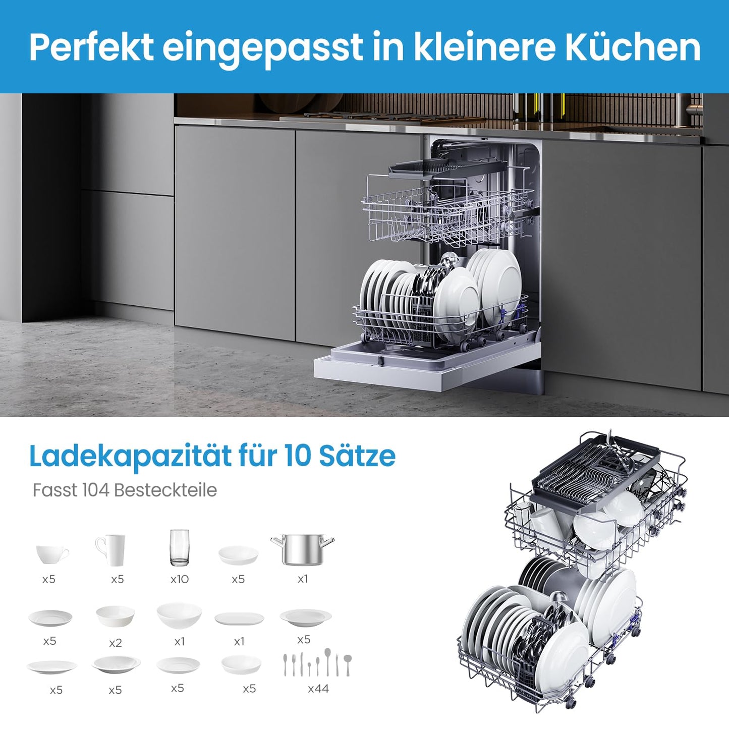 Midea SU 5.35X14CS Dishwasher Base, 14 MGD, Dishwasher 60 cm, Home Connect, Hygiene Care+, Machine Care +, Extra Drying, Half Load, 44 db, Start Delay, Stainless Steel