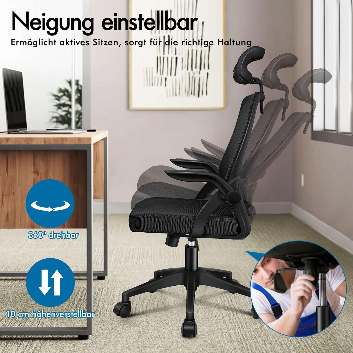 ALFORDSON Ergonomic Office Desk Chair, Computer Chair with Dynamic Lumbar Support, Tilting Swivel Chair with Flip Up Armrest, Black